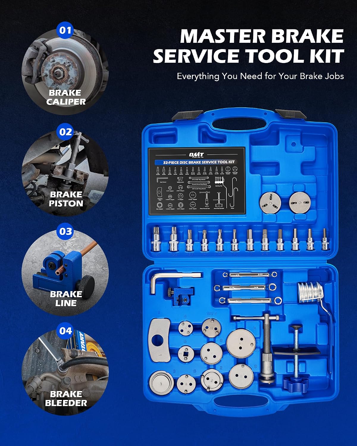 OMT 34pc Master Brake Caliper Tool Kit with 11 Adapters and Line Cutter