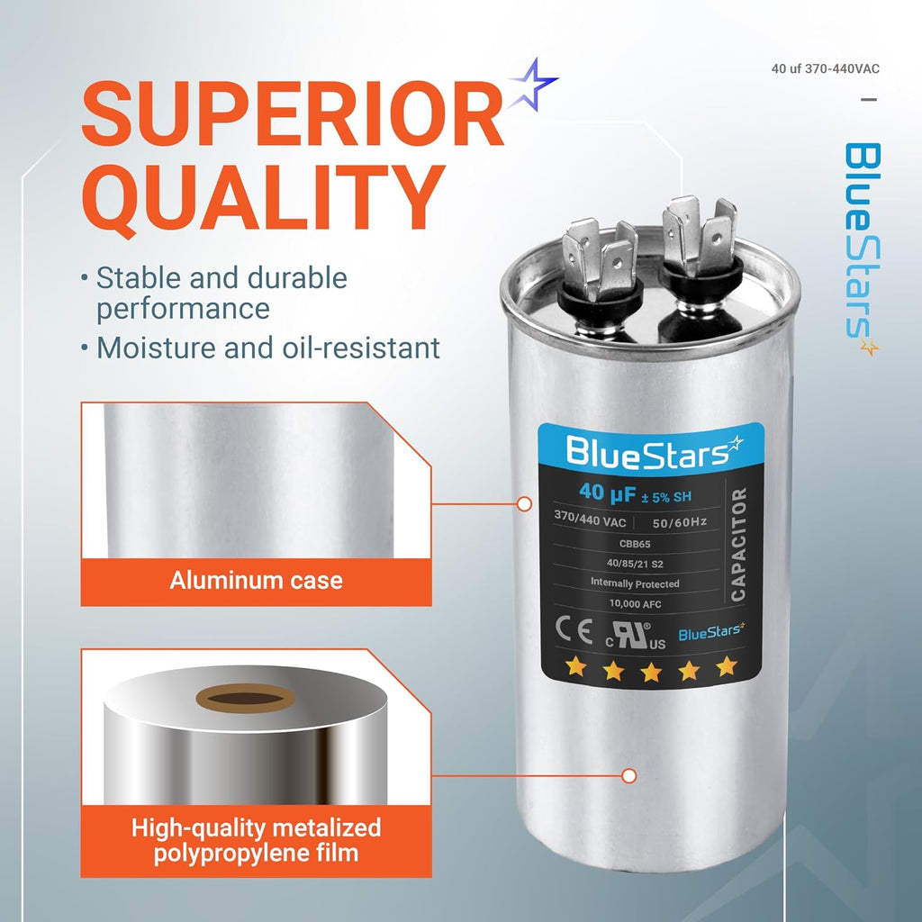[2026 Upgraded] BlueStars 40uf 370-440VAC Capacitor