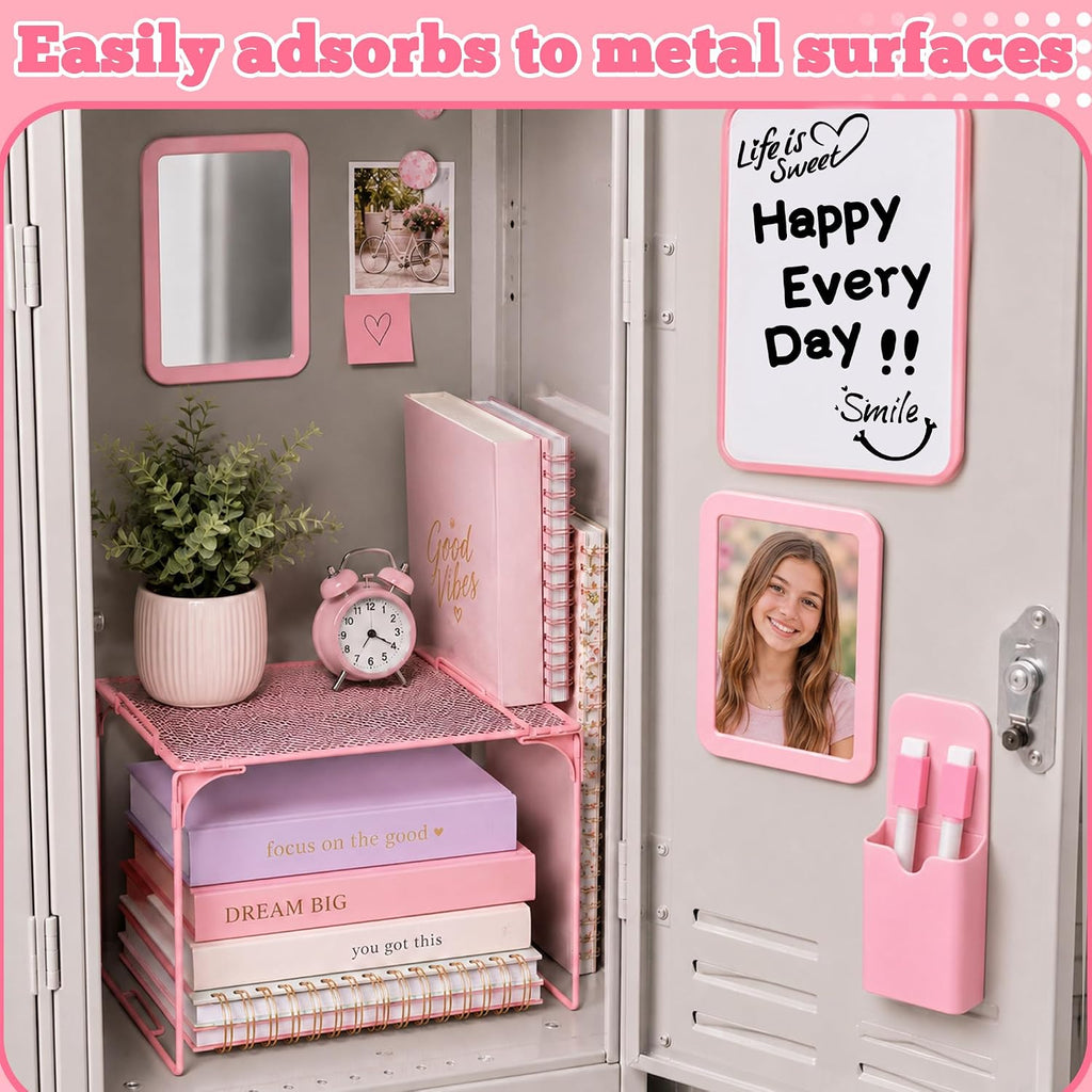 Locker Accessories for Girls with Shelf, Magnetic Mirror, Whiteboard, Pen Holder & Markers, Locker Organizer Set