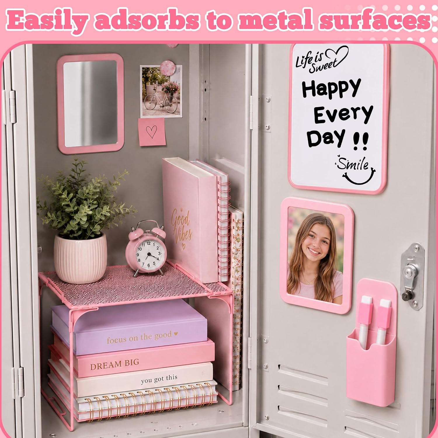 Locker Accessories for Girls with Shelf, Magnetic Mirror, Whiteboard, Pen Holder & Markers, Locker Organizer Set