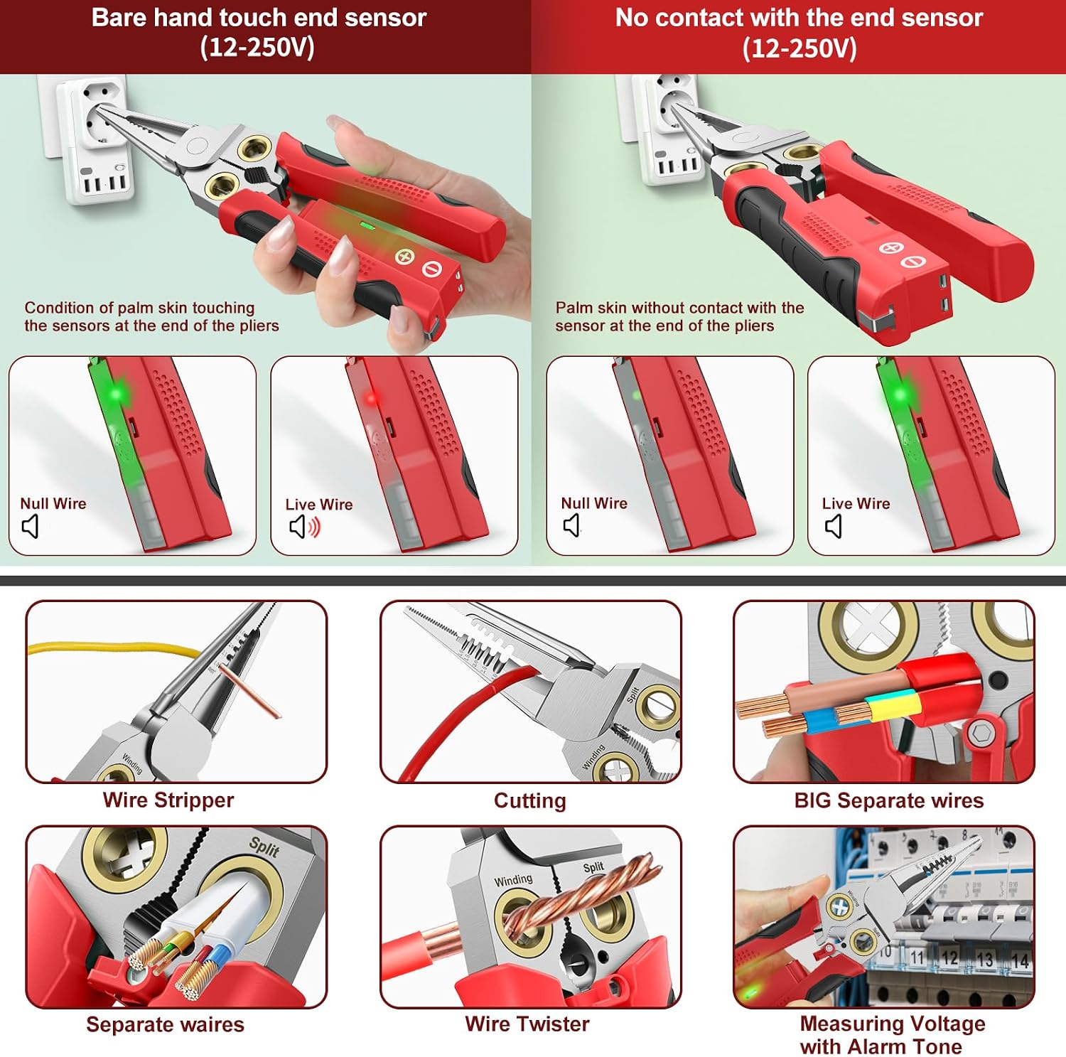 Pro 8-in-1 Wire Stripper/Cutter with Voltage Tester & Dual Alarms - Heavy Duty 12-250V AC/DC Electrical Tester for