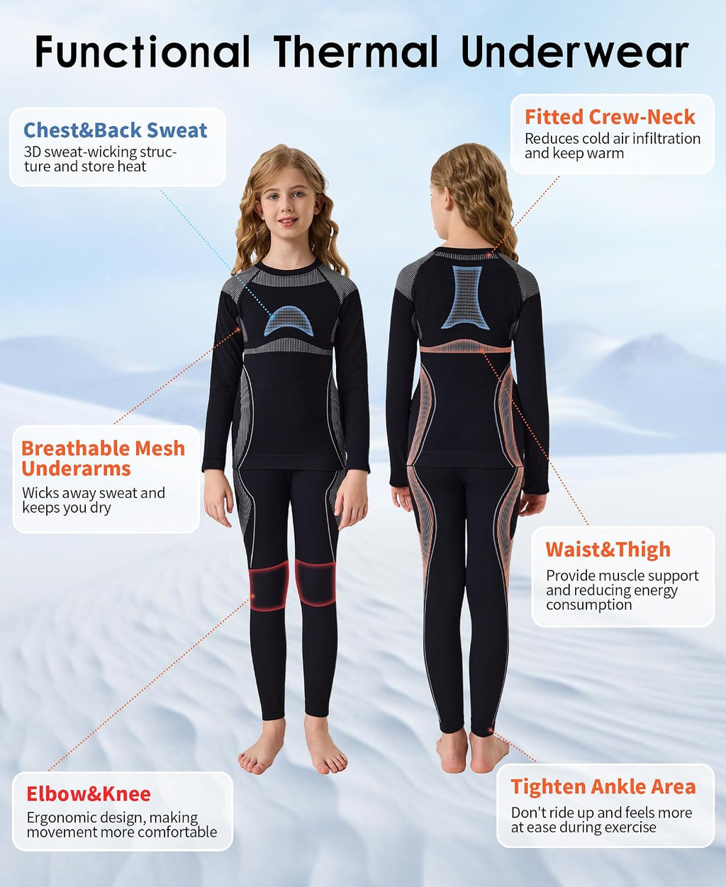 Seamless Thermal Underwear for Kids Ski Base Layer Long Johns Set | Heat Retention, Quick Dry, Moisture Wicking
