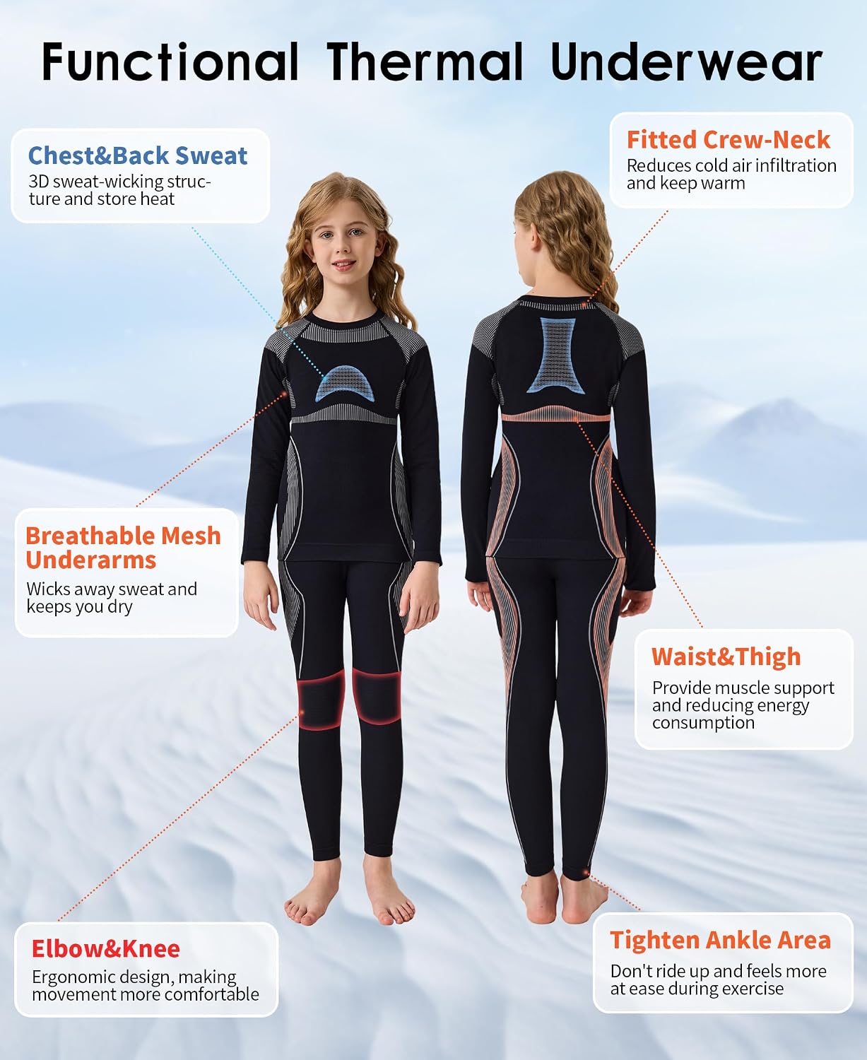 Seamless Thermal Underwear for Kids Ski Base Layer Long Johns Set | Heat Retention, Quick Dry, Moisture Wicking