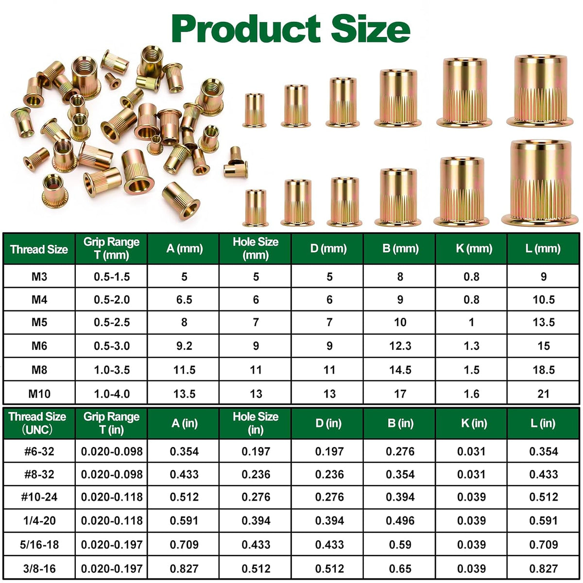 850 Pcs SAE & Metric Rivet Nut Kit, Flat Head Threaded Inserts