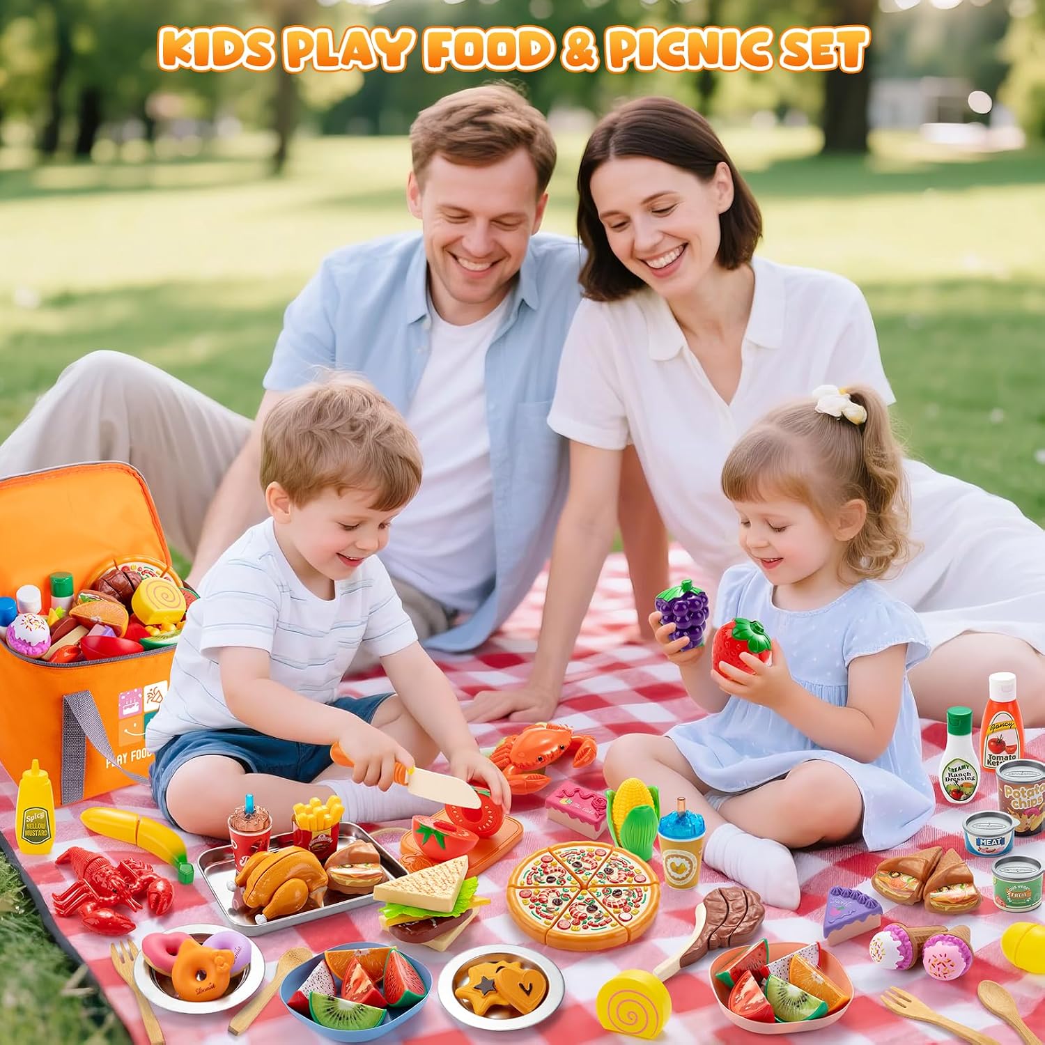 Pretend Play Food Set for Kds Kitchen, Cutting Toy Food with Storage Bag, Stainless Steel Tray and Plates, Fake Food