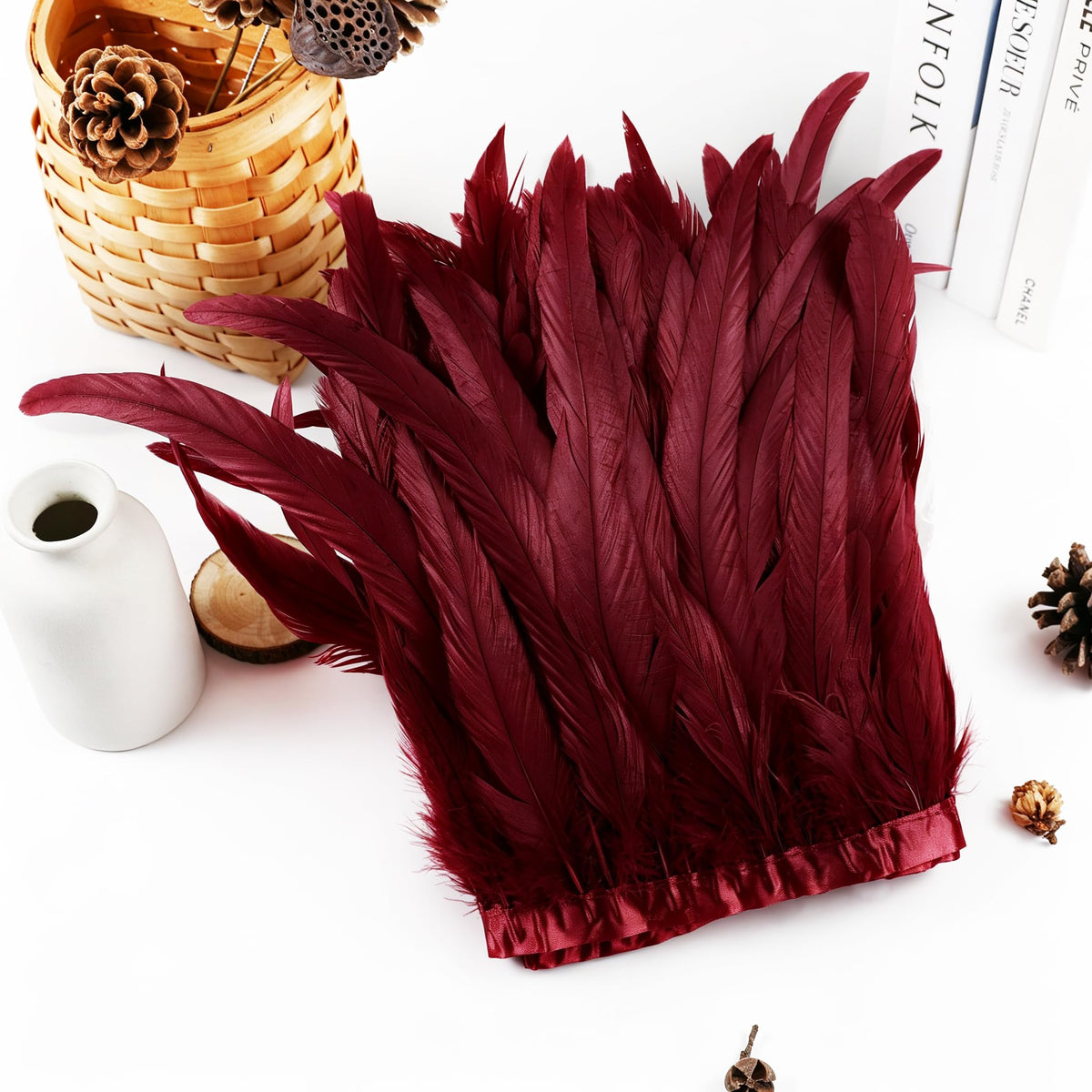 Burgundy Feather Trim for DIY Sewing Crafts, 10-12inch 2 Yards