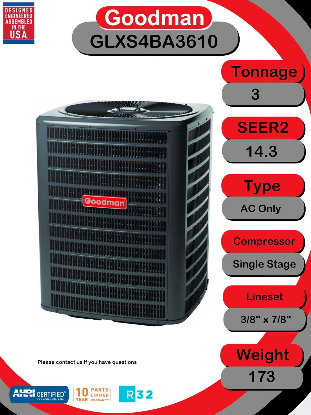 3 Ton 13.4 SEER2 R32 Air Conditioner Condenser, Model GLXS3B3610, Black