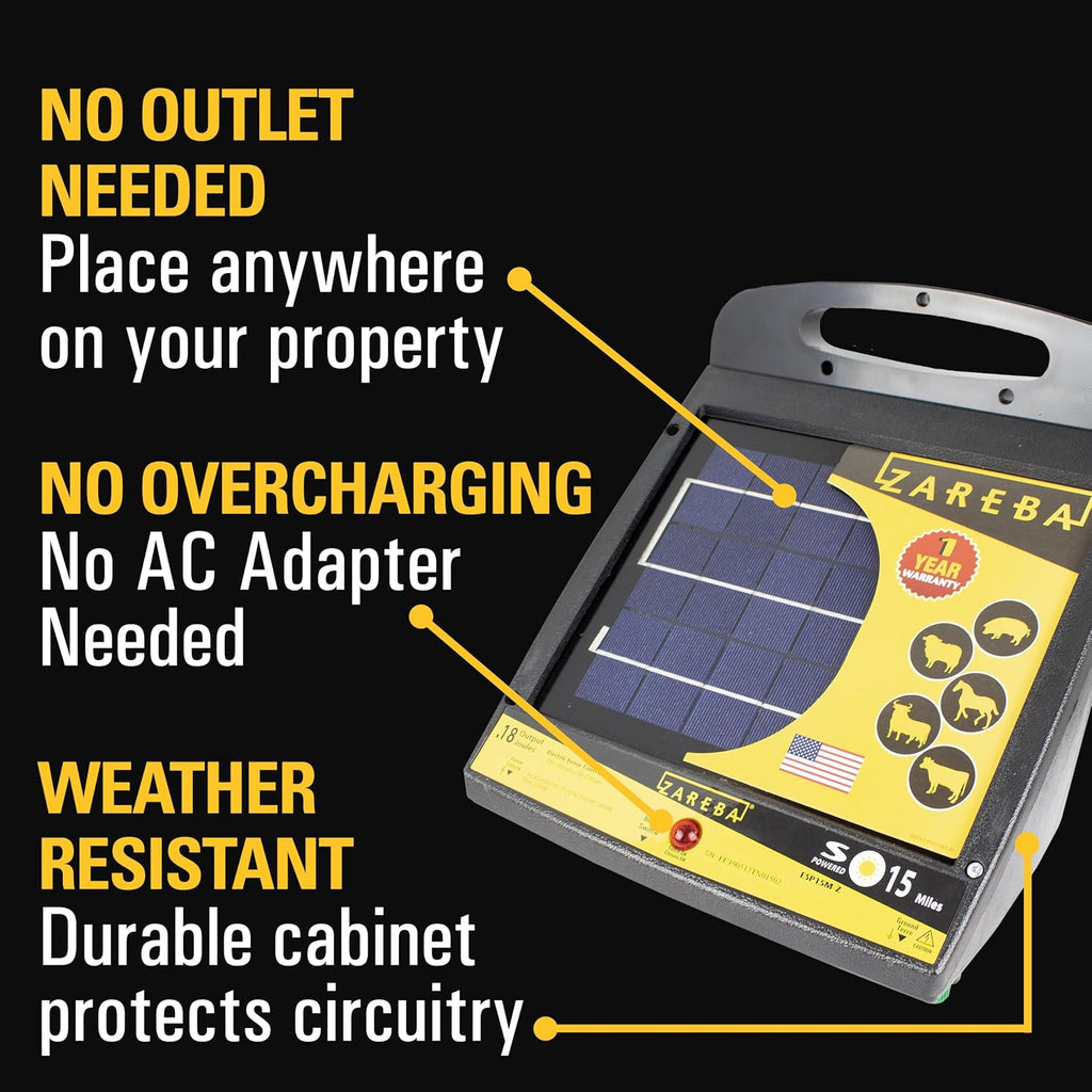 Solar Powered Low Impedance Electric Fence Charger, 15 Mile Solar Powered Electric Fence Energizer, Contain Animals