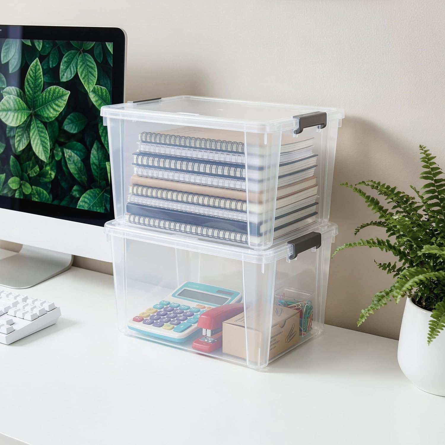 7.8 QT 6 Pack Small Storage Bins Plastic Storage Container Stackable Box with Lids for Organizing, Clear White