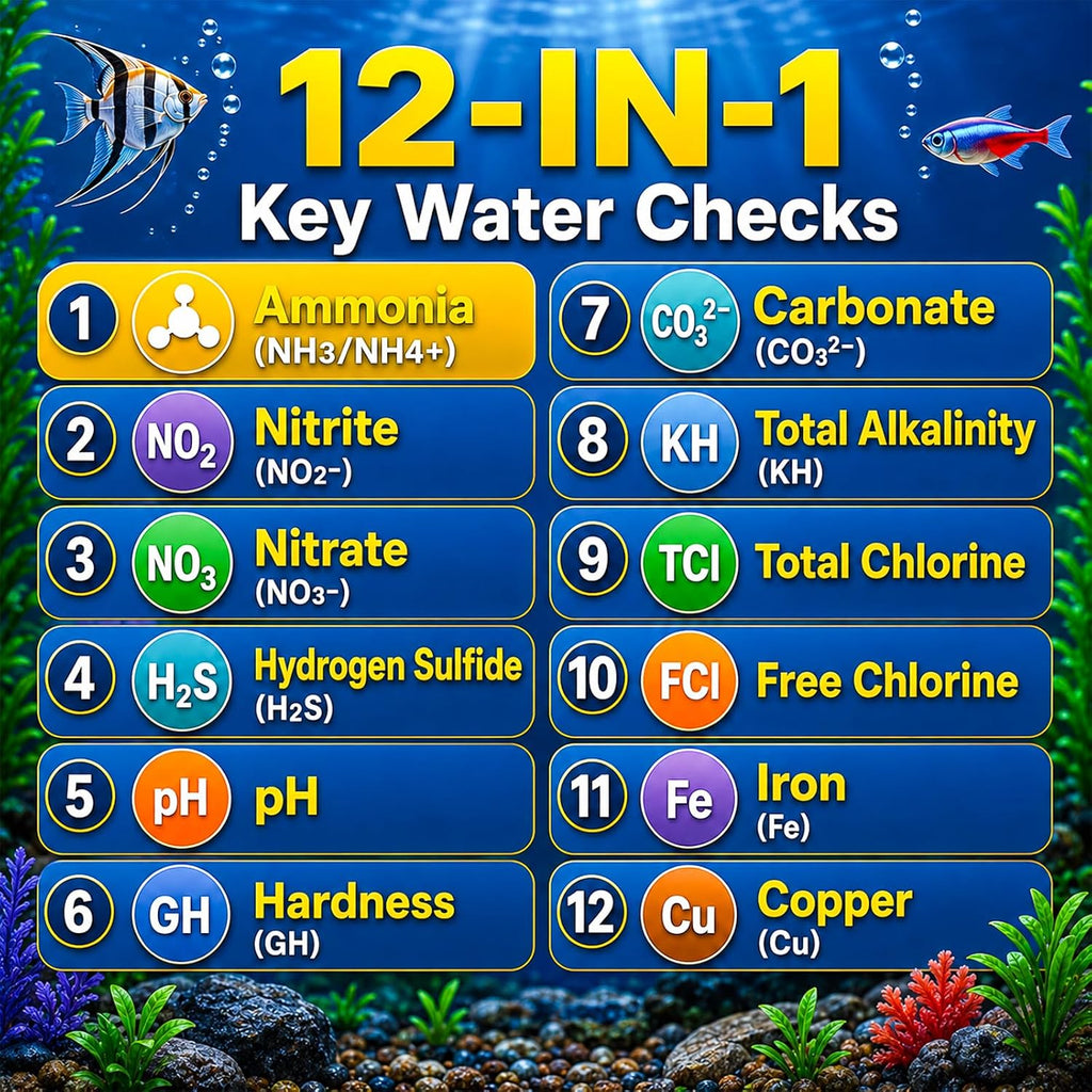 12-in-1 Aquarium Test Strips for Ammonia, 50ct Fish Tank Water Testing Kit