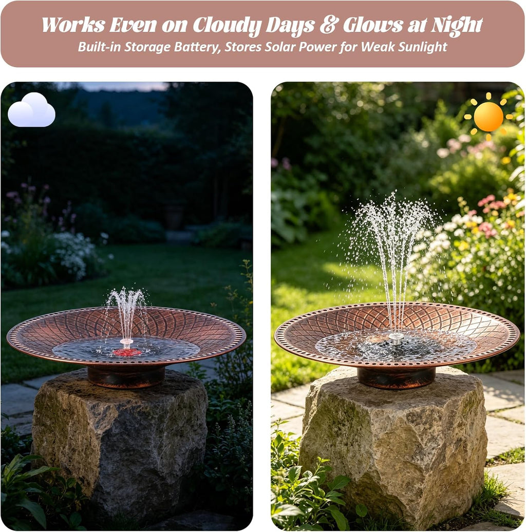 19.6" Large Bird Bath with Solar Fountain, LED & Battery Metal Birdbath