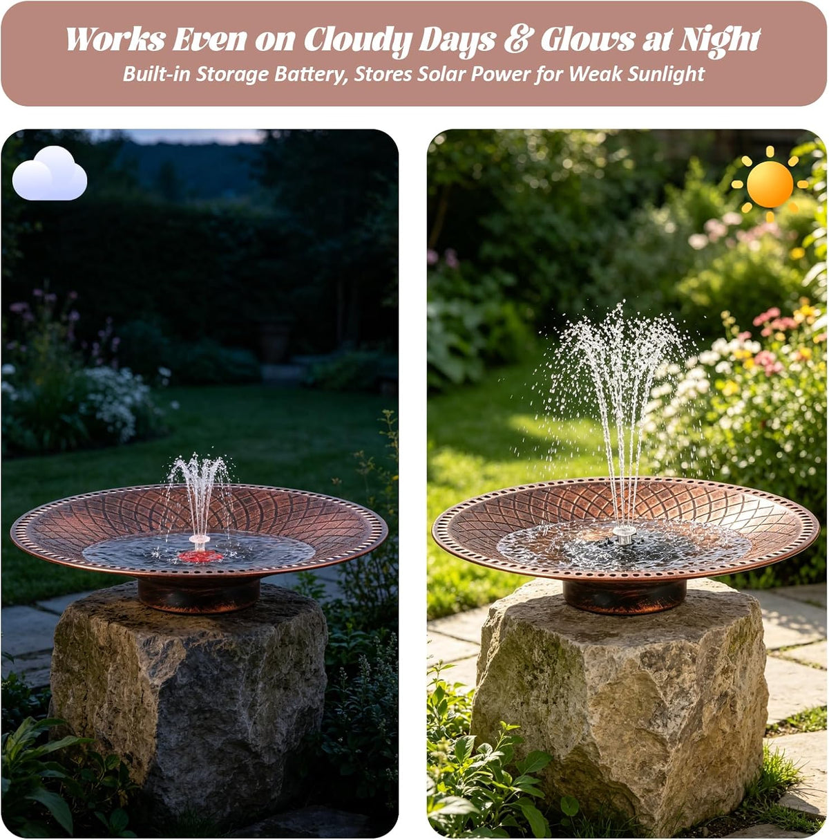 19.6" Large Bird Bath with Solar Fountain, LED & Battery Metal Birdbath