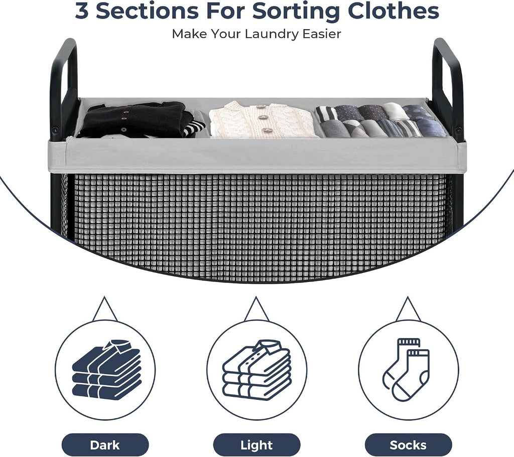 Laundry Hamper 3 Section, 120L Rolling Laundry Sorter Cart with Removable and Washable Liner Bag, Clothes Hamper with