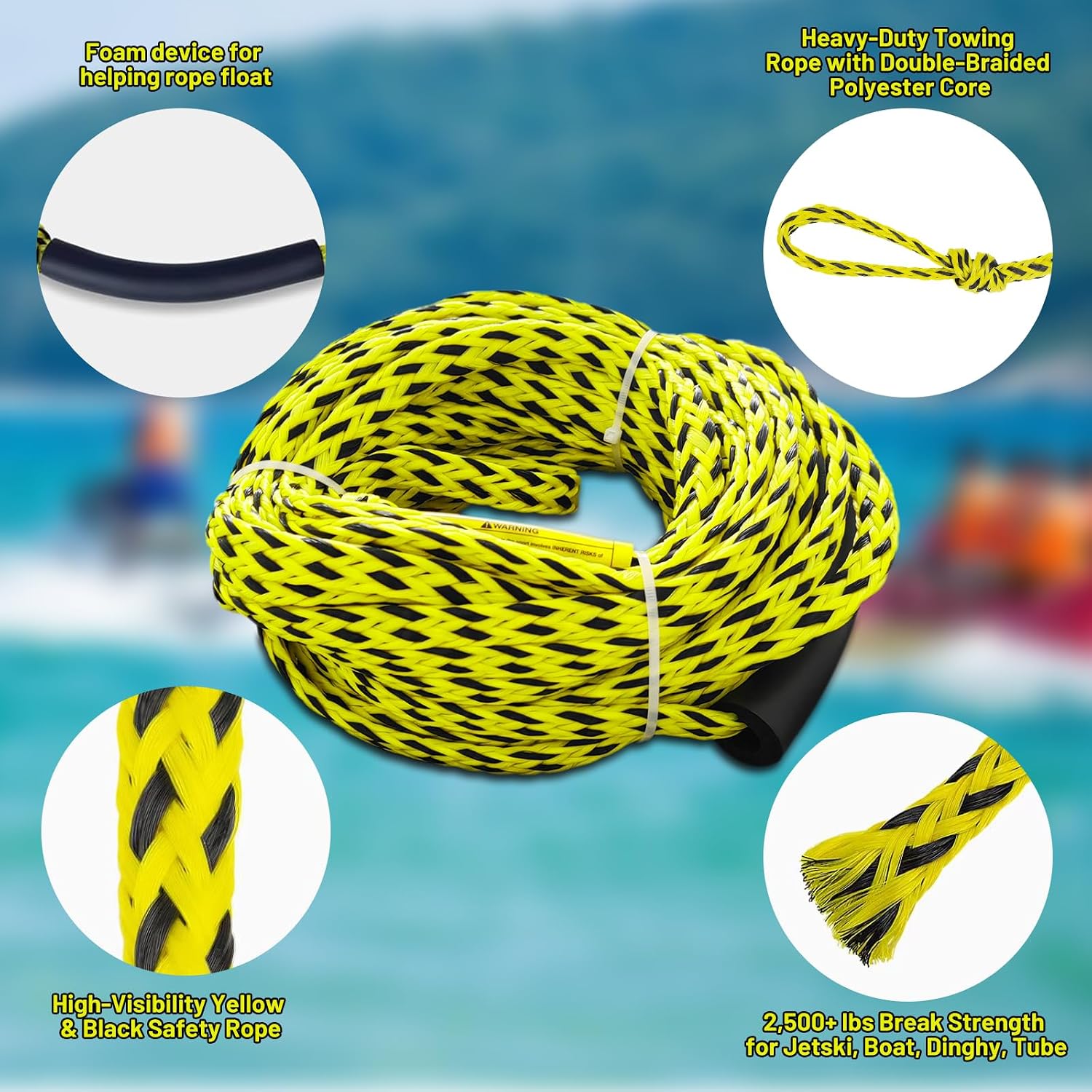 Boat Tow Rope for Tubing, 60FT Tube Boating Ropes Heavy Duty Thick for Ski Float Water Skiing with Floating Foam