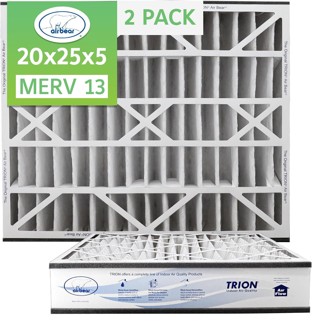 Air Bear 20x25x5 Air Filter MERV 13 (2-Pack) Pleated HVAC Air Filter Replacement (Actual Size: 19.75 x 24.25 x 4.9