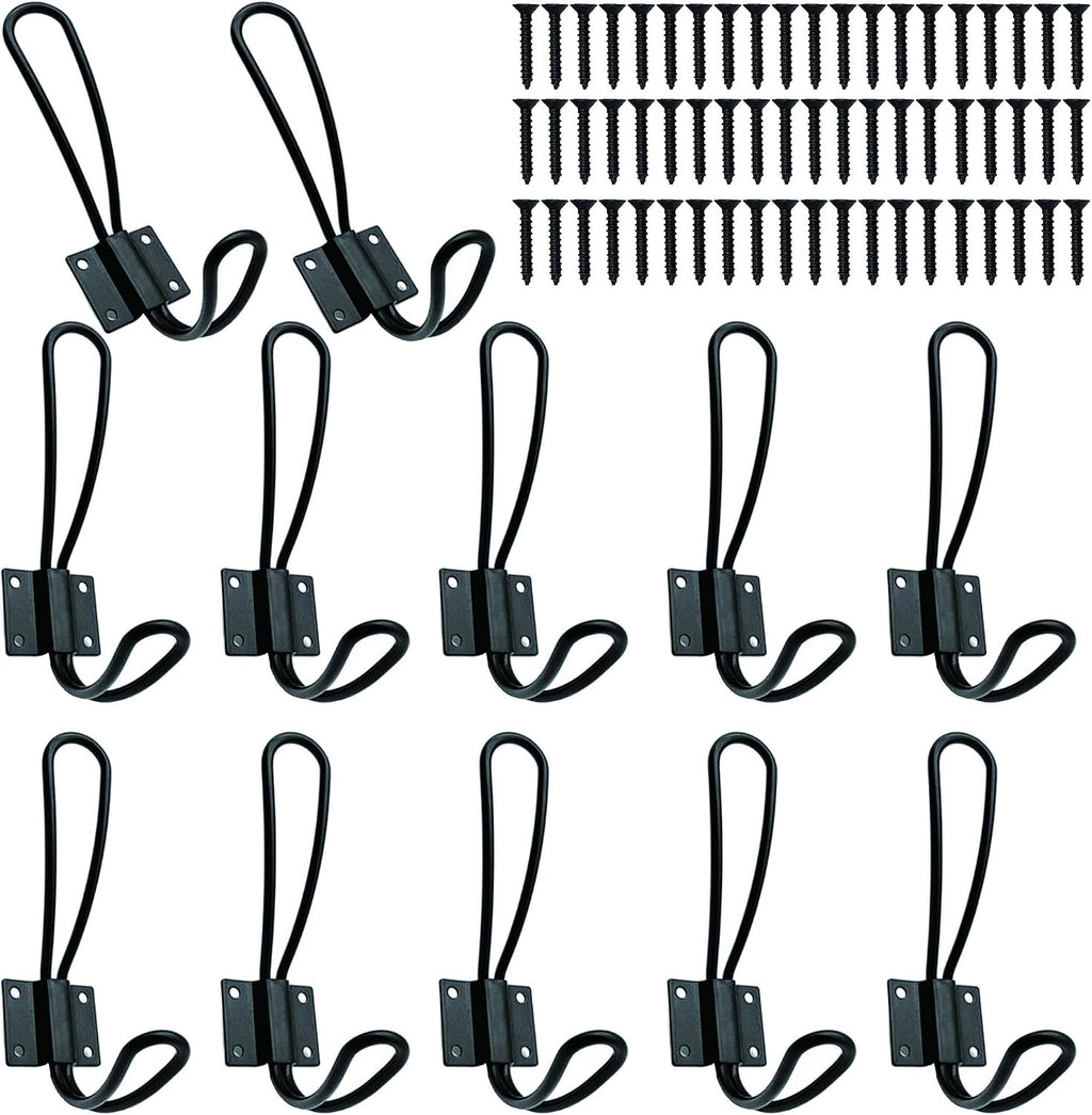 Rustic Entryway Hooks-12 Pack Farmhouse Hooks with Metal Screws Included, Black Decorative Wall Mounted Rustic Coat