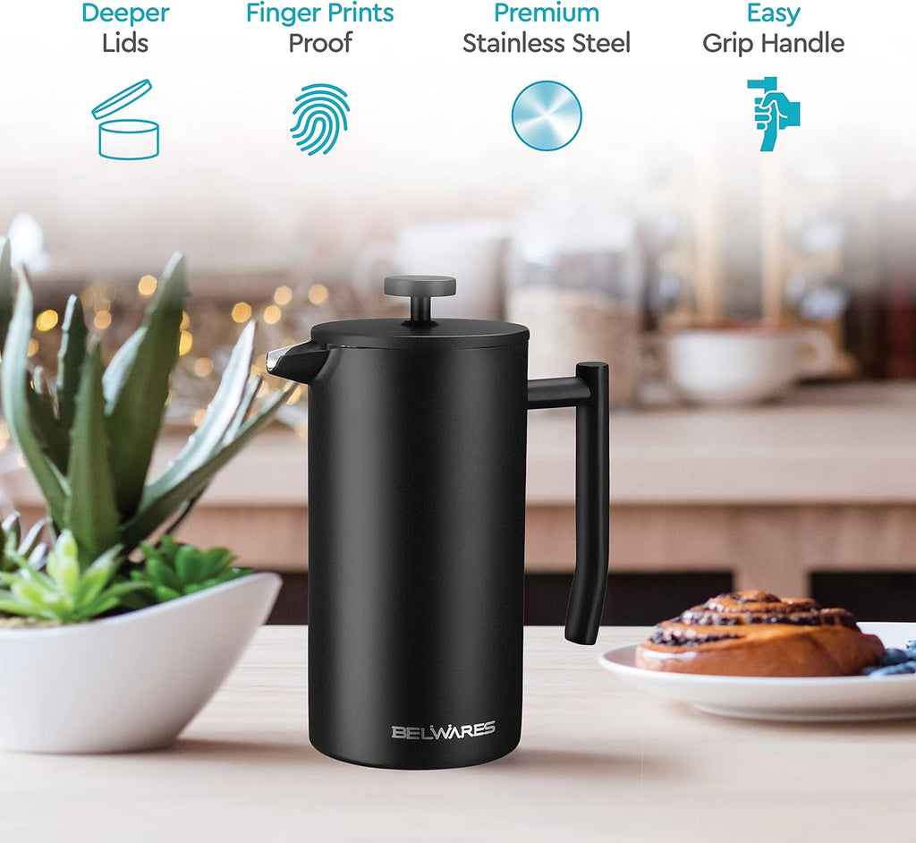 French Press Coffee Maker - 50oz Stainless Steel, Insulated Coffee Press | Large 6 Cup 50oz Capacity, Double Wall
