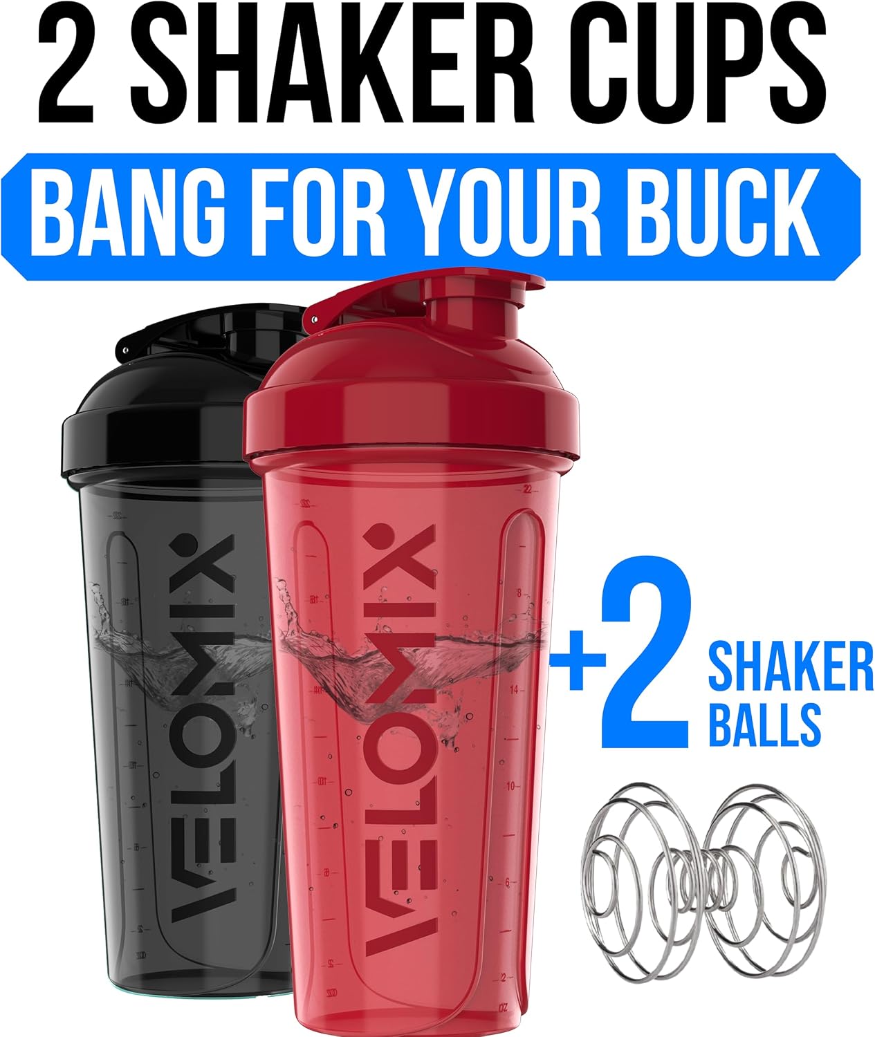 2 Pack 28oz Protein Shaker Bottle for Protein Mixes, Red/Black | 2x Wire Whisk, Leak Proof Shaker Cups for Protein