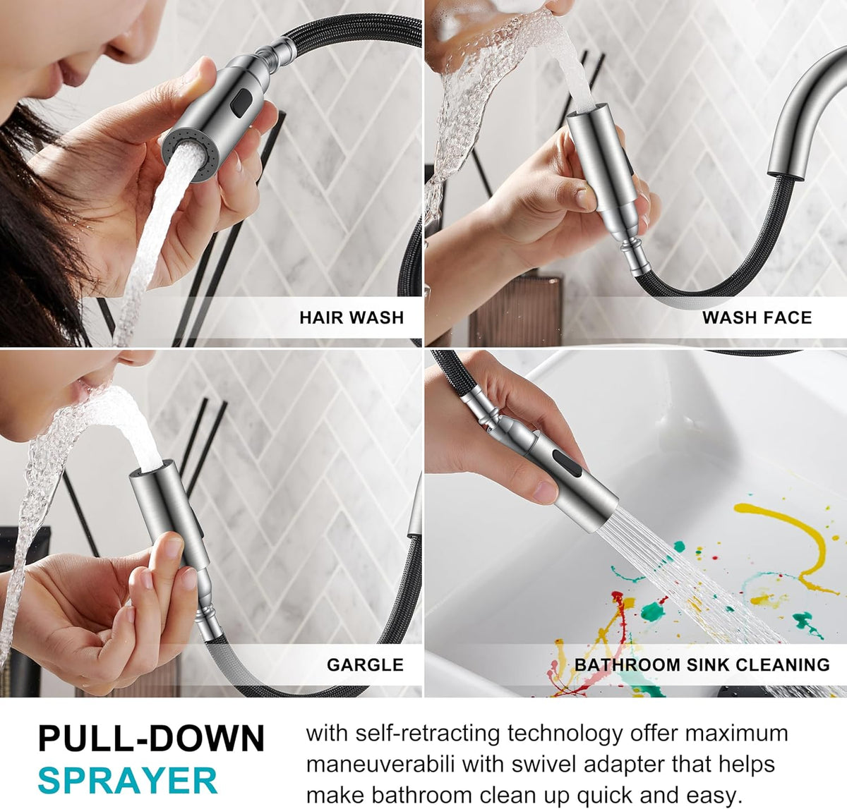 Pull Down Bathroom Faucet 1 Handle, Brushed Nickel Vessel Sink Faucet