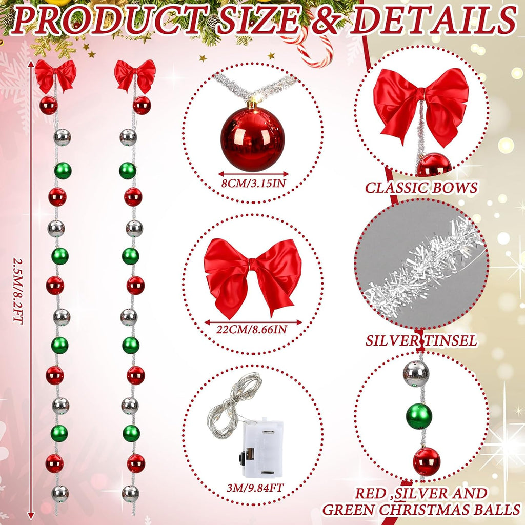 2 Set Christmas Porch Decorations Christmas Front Door Ball Garlands with Red Bow Xmas Ornaments for Front Door Xmas