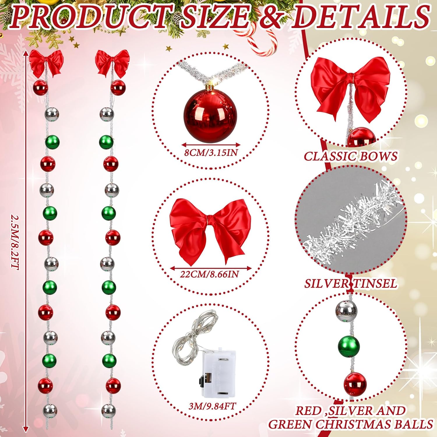 2 Set Christmas Porch Decorations Christmas Front Door Ball Garlands with Red Bow Xmas Ornaments for Front Door Xmas