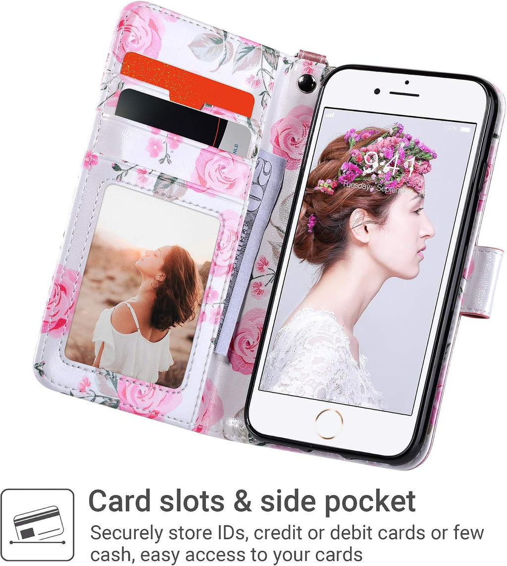 for iPhone SE 3(2022)/SE(2020)/8/7 Wallet Case with Card Holder, Premium Floral PU Leather Flip Case with Kickstand