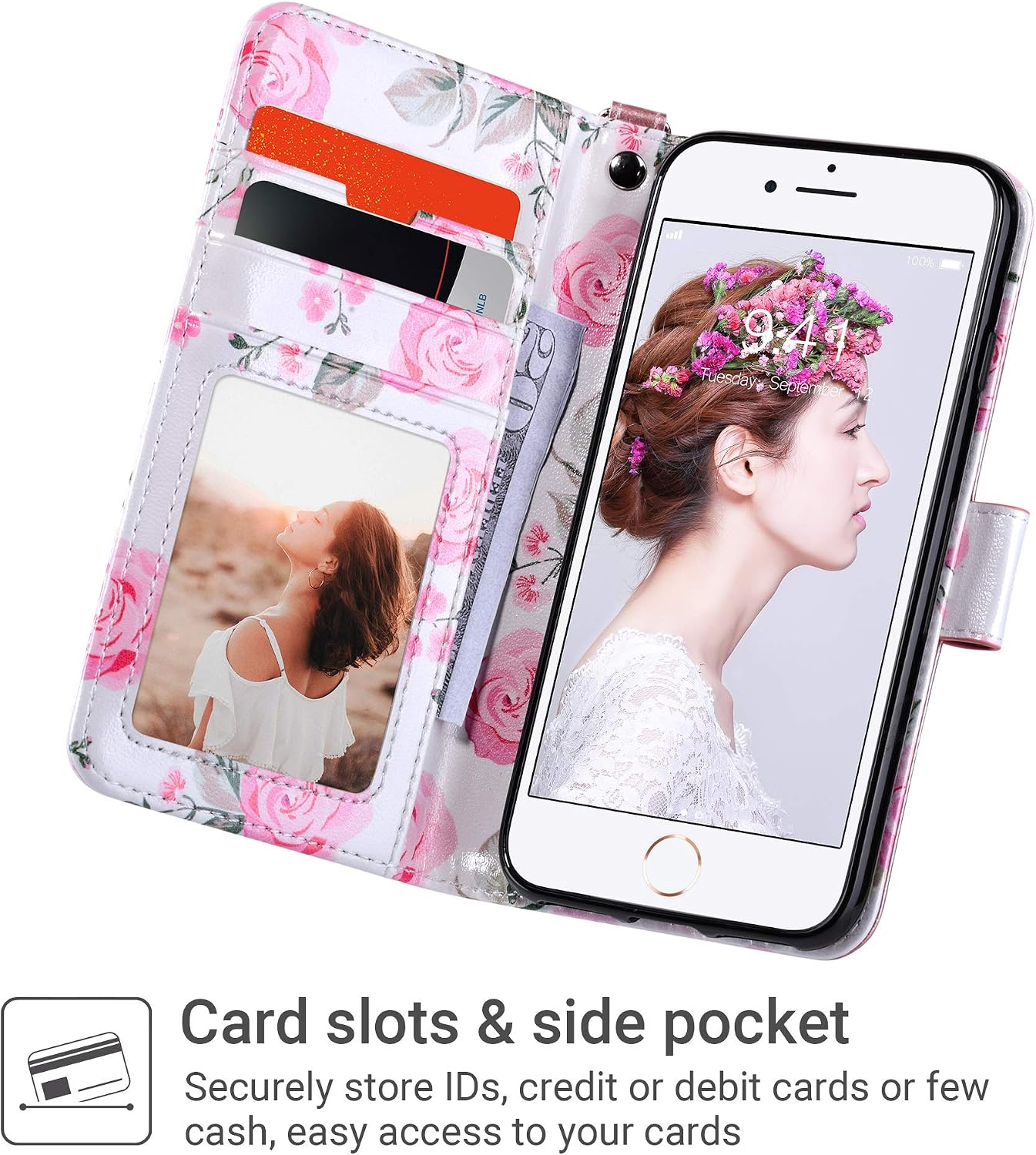 for iPhone SE 3(2022)/SE(2020)/8/7 Wallet Case with Card Holder, Premium Floral PU Leather Flip Case with Kickstand