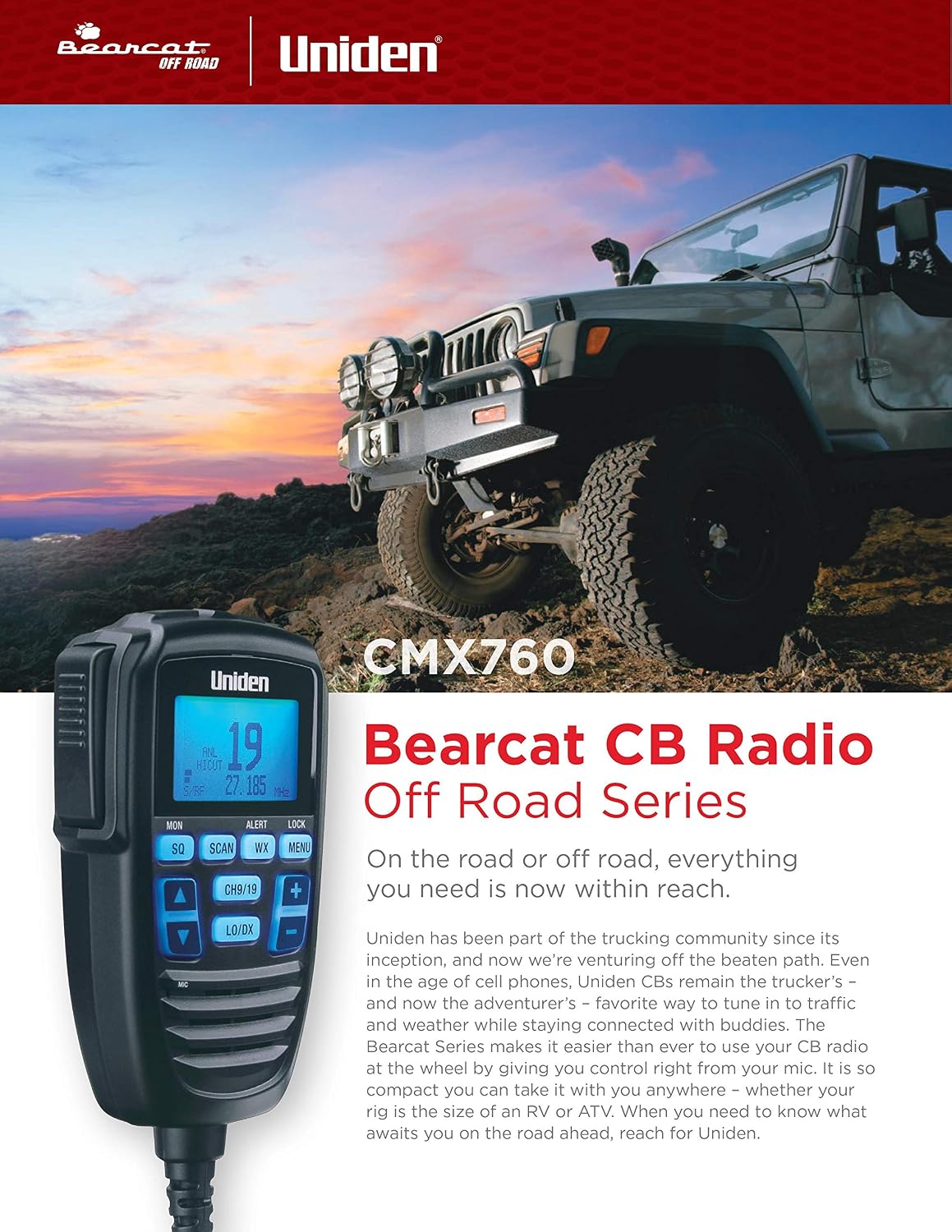 CMX760 Bearcat Off Road Series Compact Mobile CB Radio, 40-Channel Operation, Ultra-Compact for Easy Mounting, Large