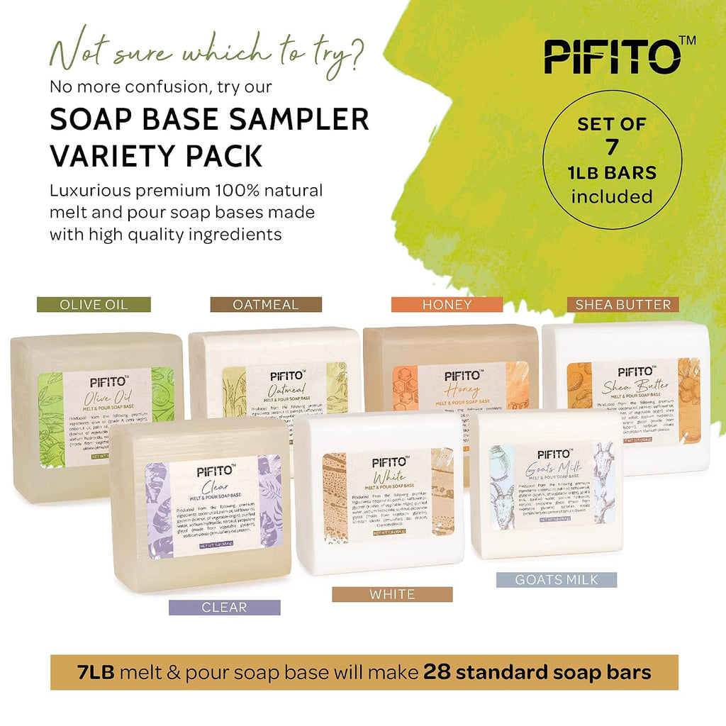 Melt and Pour Soap Base Sampler (7 lbs) │ Assortment of 7 Bases (1lb ea) │ Clear, White, Goats Milk, Shea Butter