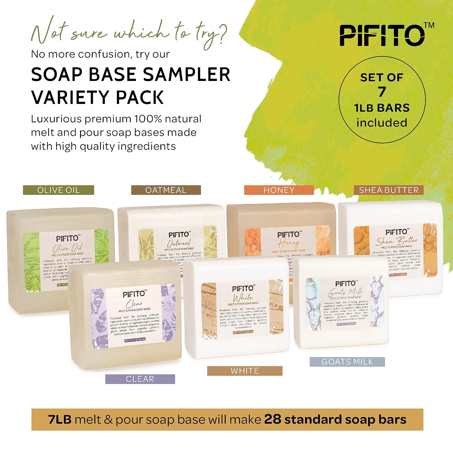 Melt and Pour Soap Base Sampler (7 lbs) │ Assortment of 7 Bases (1lb ea) │ Clear, White, Goats Milk, Shea Butter
