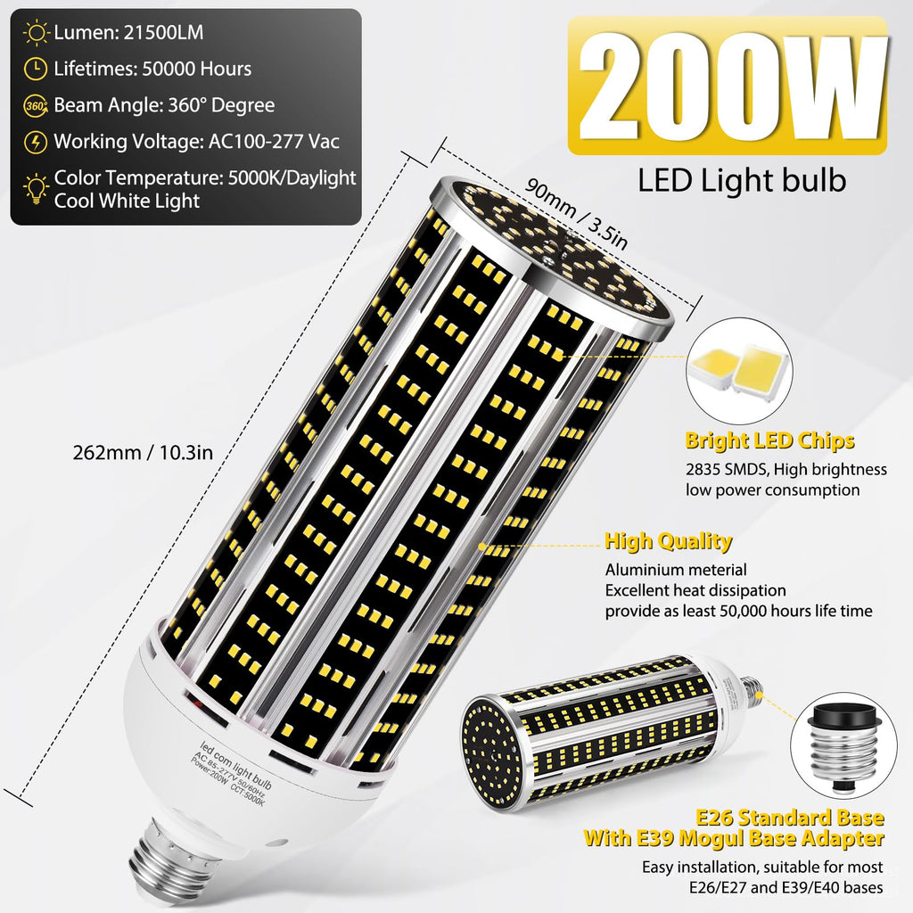 200W 2 pack LED Corn Light Bulb,(2000W Equivalent )Commercial Grade 30500LM DayLight 5000K E26/E39 Medium Mogul Base