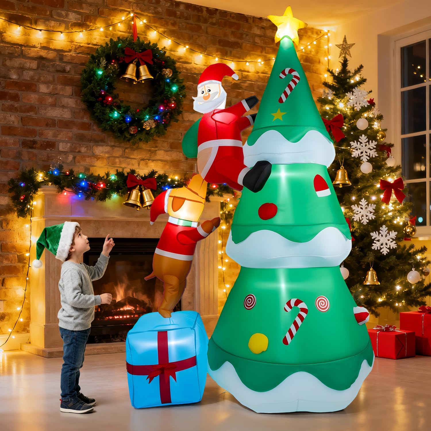 7 FT Inflatable Christmas Tree Built-in Bright LED Lights, Dog Bites Santa Claus Funny Xmas Decor, Blow UP Outdoor