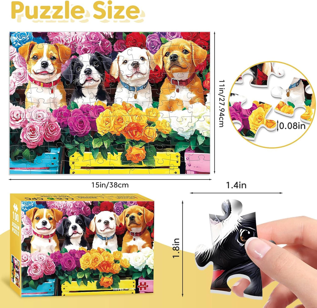 100 Piece Puzzles for Kids Ages 4-6 6-8 8-10 – Dogs Puzzles & Flower Jigsaw Puzzle, Large Piece Puzzles for Kids