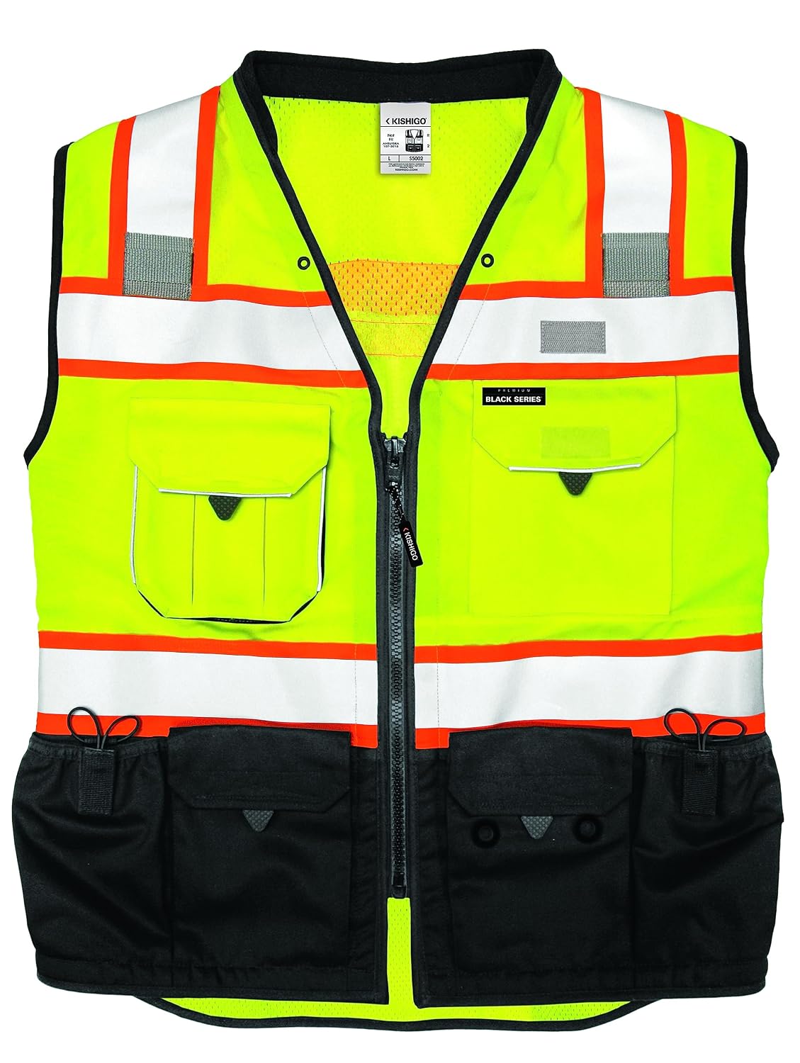 Premium Black Series Men's Surveyors Vest S5002, Class 2 Hi-Vis Safety Vest, 10 Pockets with Reinforced Front Zipper