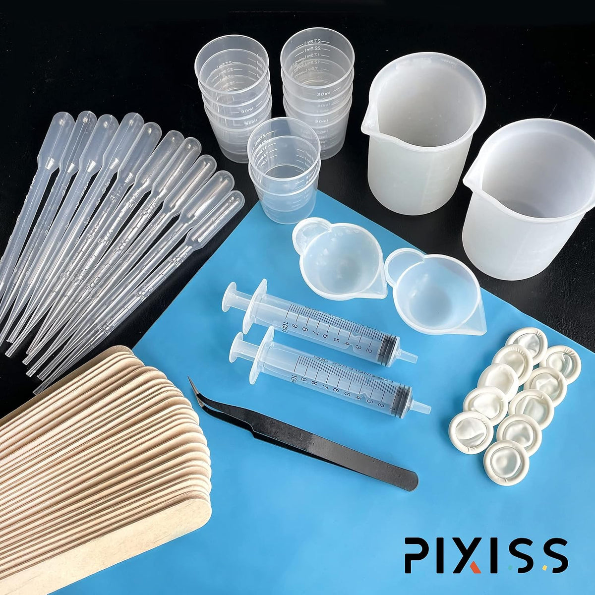 Silicone Resin Measuring Cups Tool Kit- Pixiss 100ml Measure Cups, 1oz Cups, Popsicle Stir Sticks, Pipettes, Finger