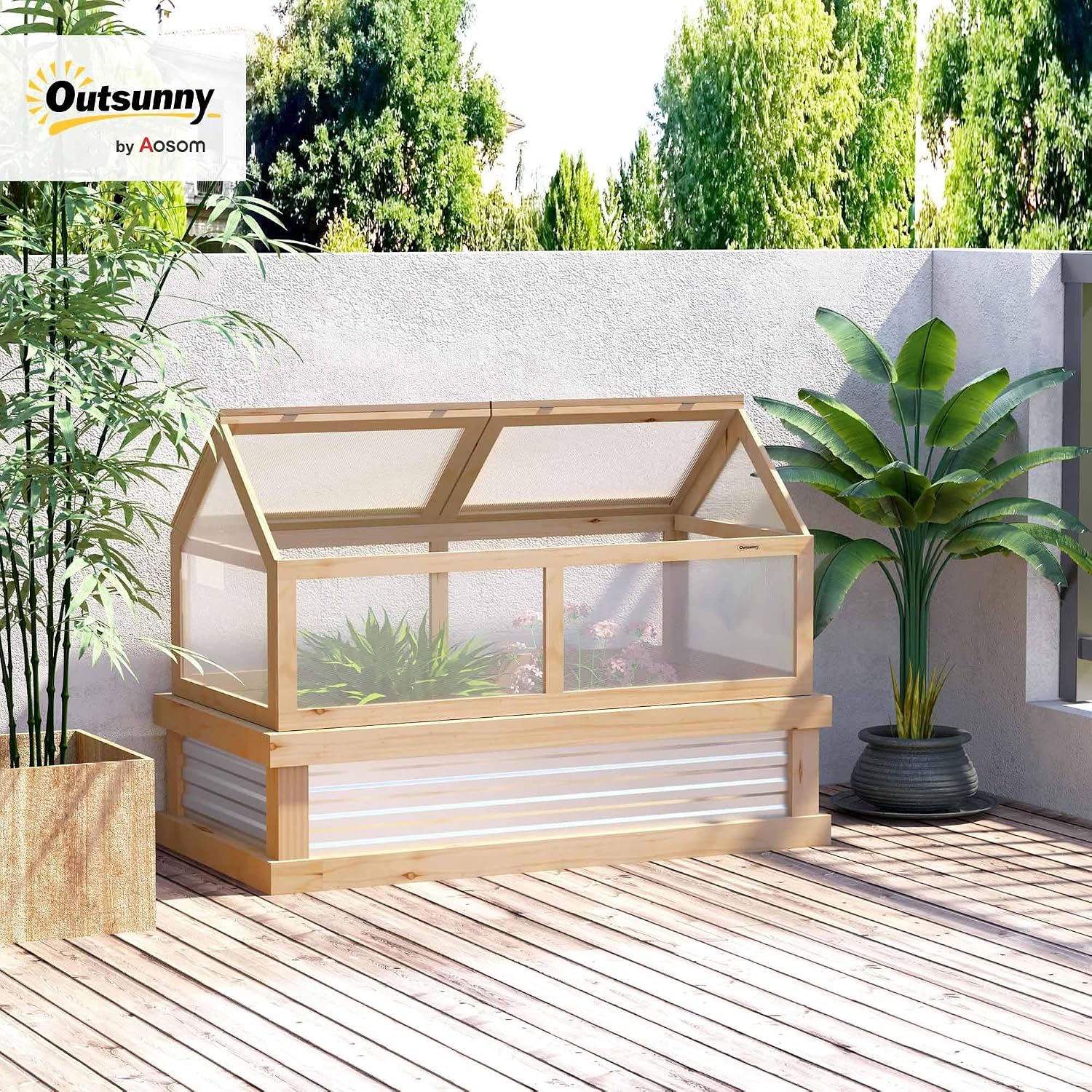 Raised Garden Bed, Polycarbonate Mini Greenhouse, Natural | 48" x 24" x 32", Wooden, Cold Frame Greenhouse, Flower