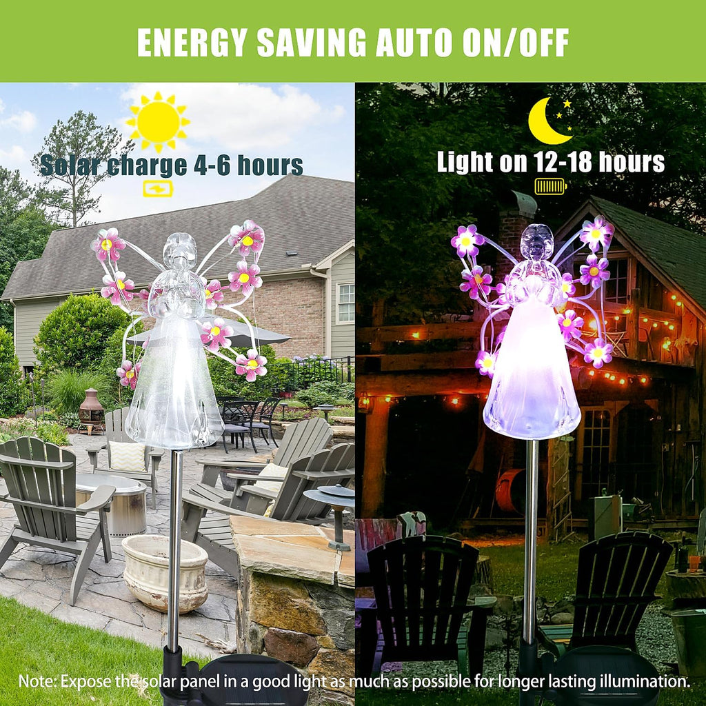 Angel Solar Lights Outdoor, 2 Packs Purple Solar Powered Garden Stake Lights for Cemetery Grave Decoration, Memorial
