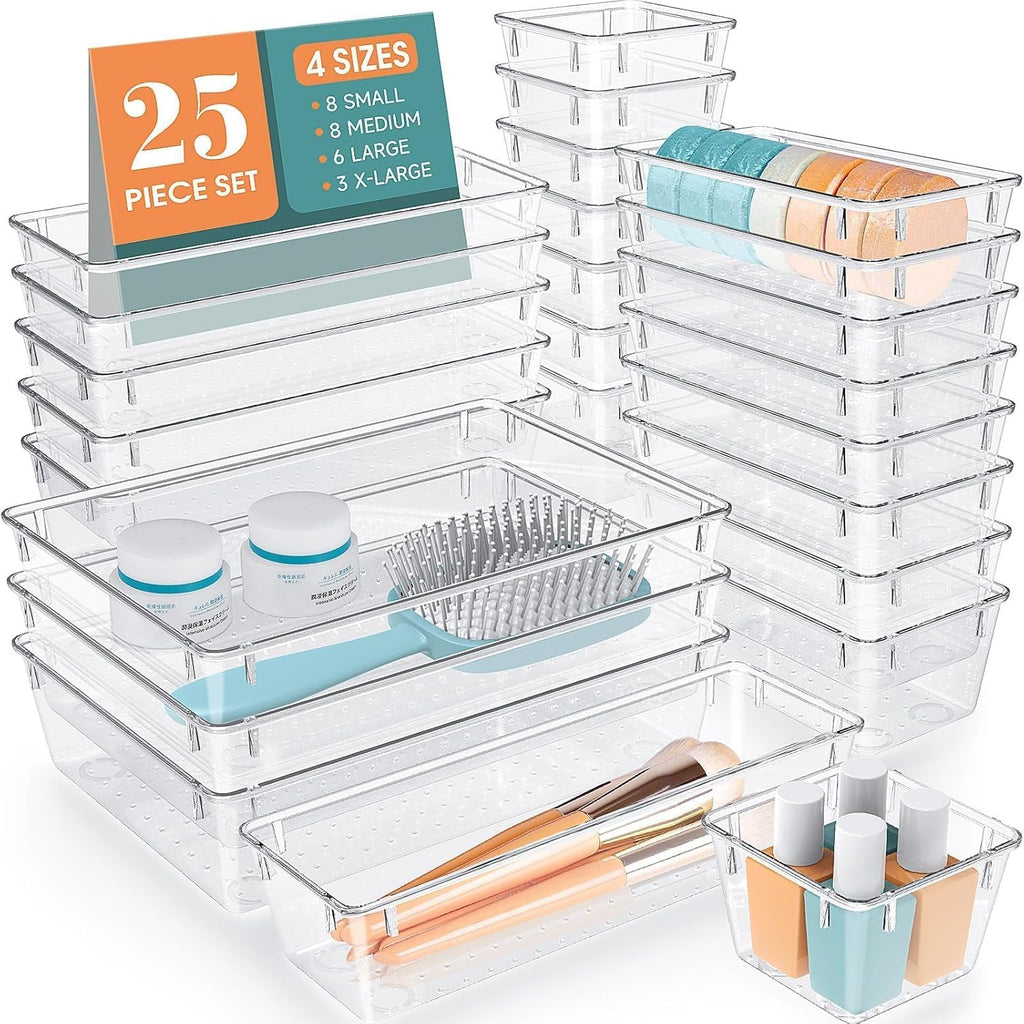 25 PCS Clear Plastic Drawer Organizer Set, 4 Sizes Desk Drawer Divider Organizers and Storage Bins for Makeup