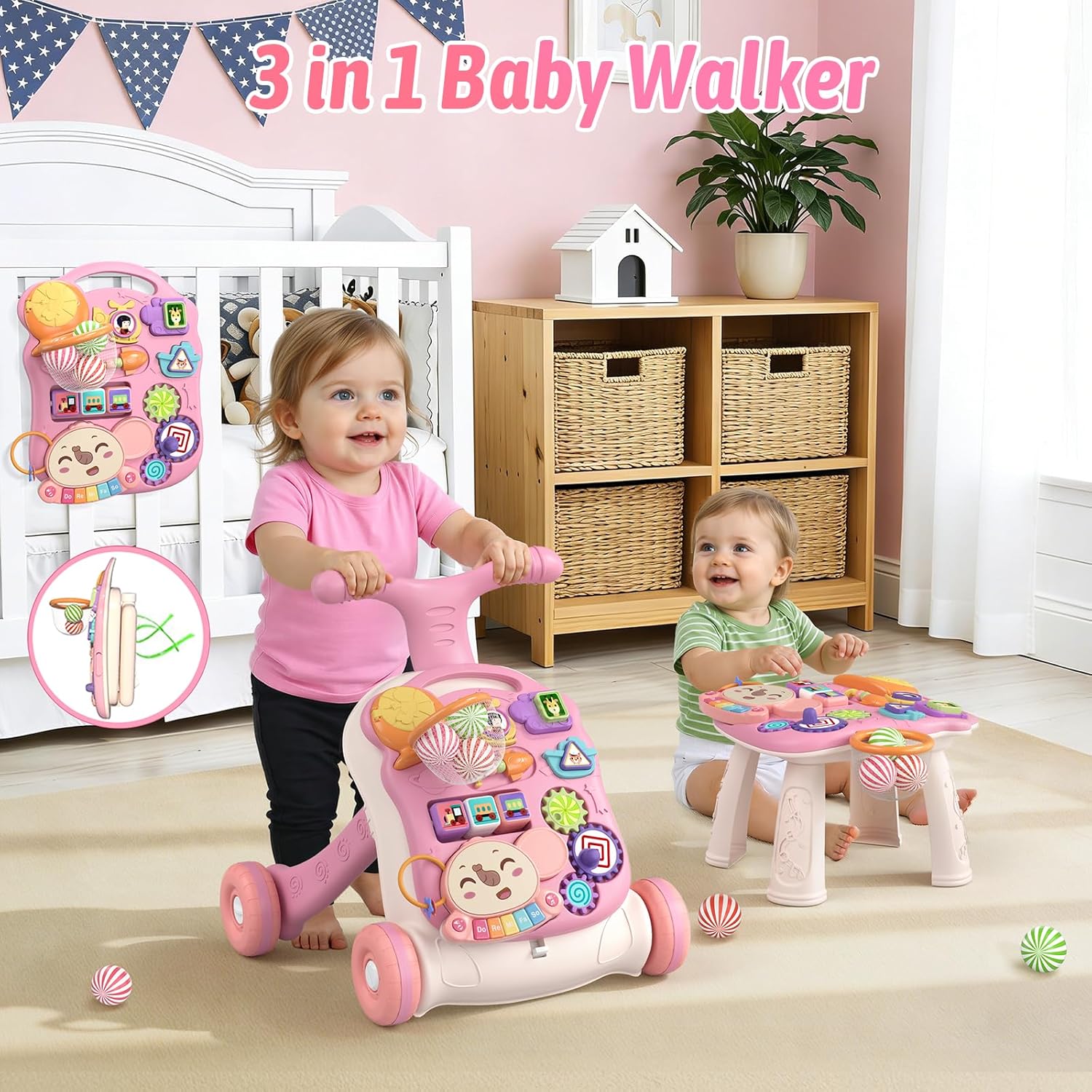 3 in 1 Baby Walker and Activity Center for Girl 12-18 Months, Pink | Baby Push Walker, Sit to Stand Learning to Walk