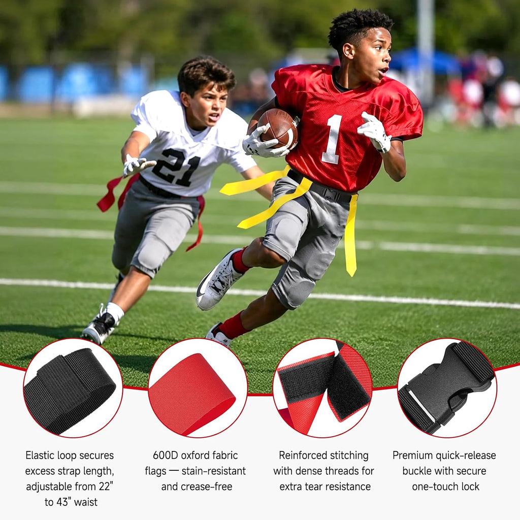Flag Football Belts Set - Flag Football Gear | 47.25" Adjustable Football Flags with Training Cones & Bag