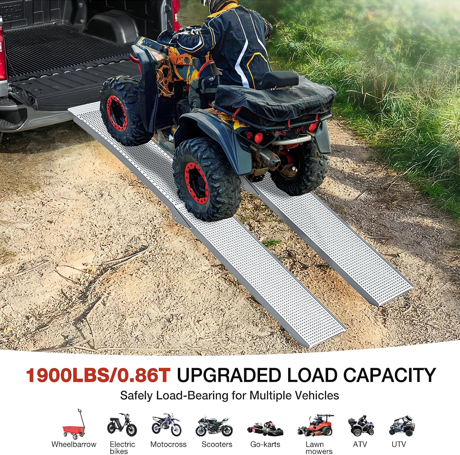 Aluminum Loading Ramps, 1900Lbs Capacity, 7.5ft Trunk Ramps for Pickup Trucks, Trailers Ramp with Load Straps for