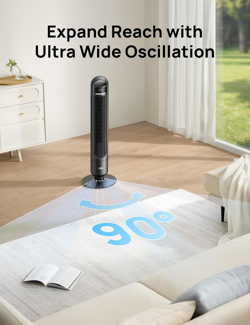 Tower Fan for Bedroom, 26ft/s Velocity, 90° Oscillating, 8H Timer | 4 Speeds, 3 Modes, 28dB Quiet Standing Fan, Floor