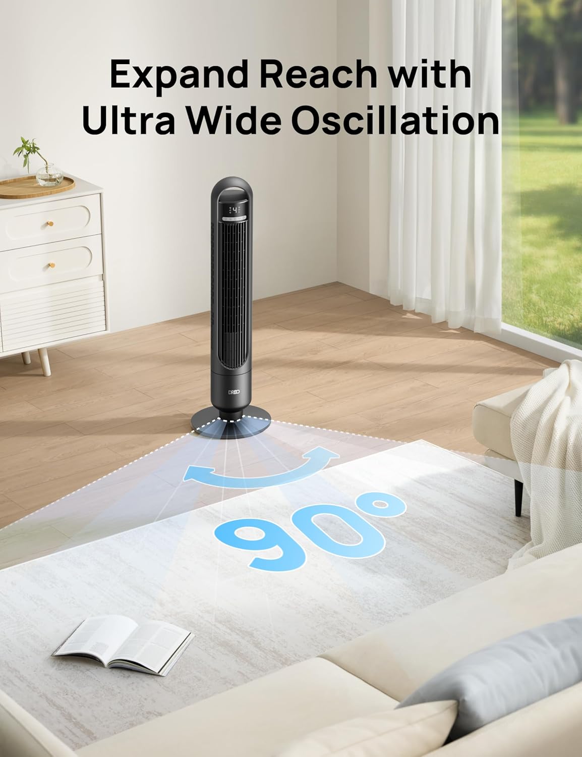 Tower Fan for Bedroom, 26ft/s Velocity, 90° Oscillating, 8H Timer | 4 Speeds, 3 Modes, 28dB Quiet Standing Fan, Floor