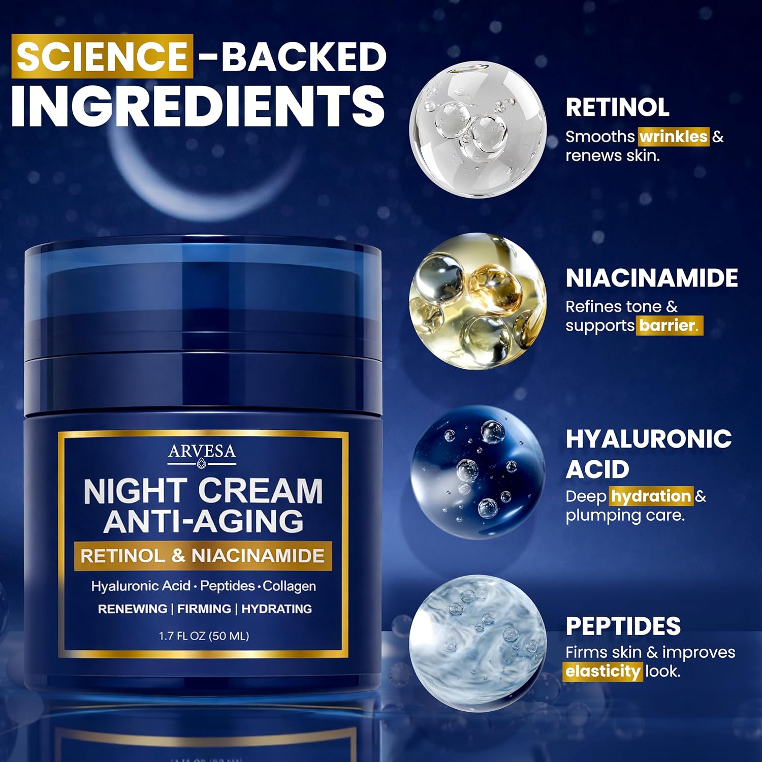 Night Cream for Women Anti Aging - Night Moisturizer for Face with Retinol, Peptides, Niacinamide - Anti-Wrinkle