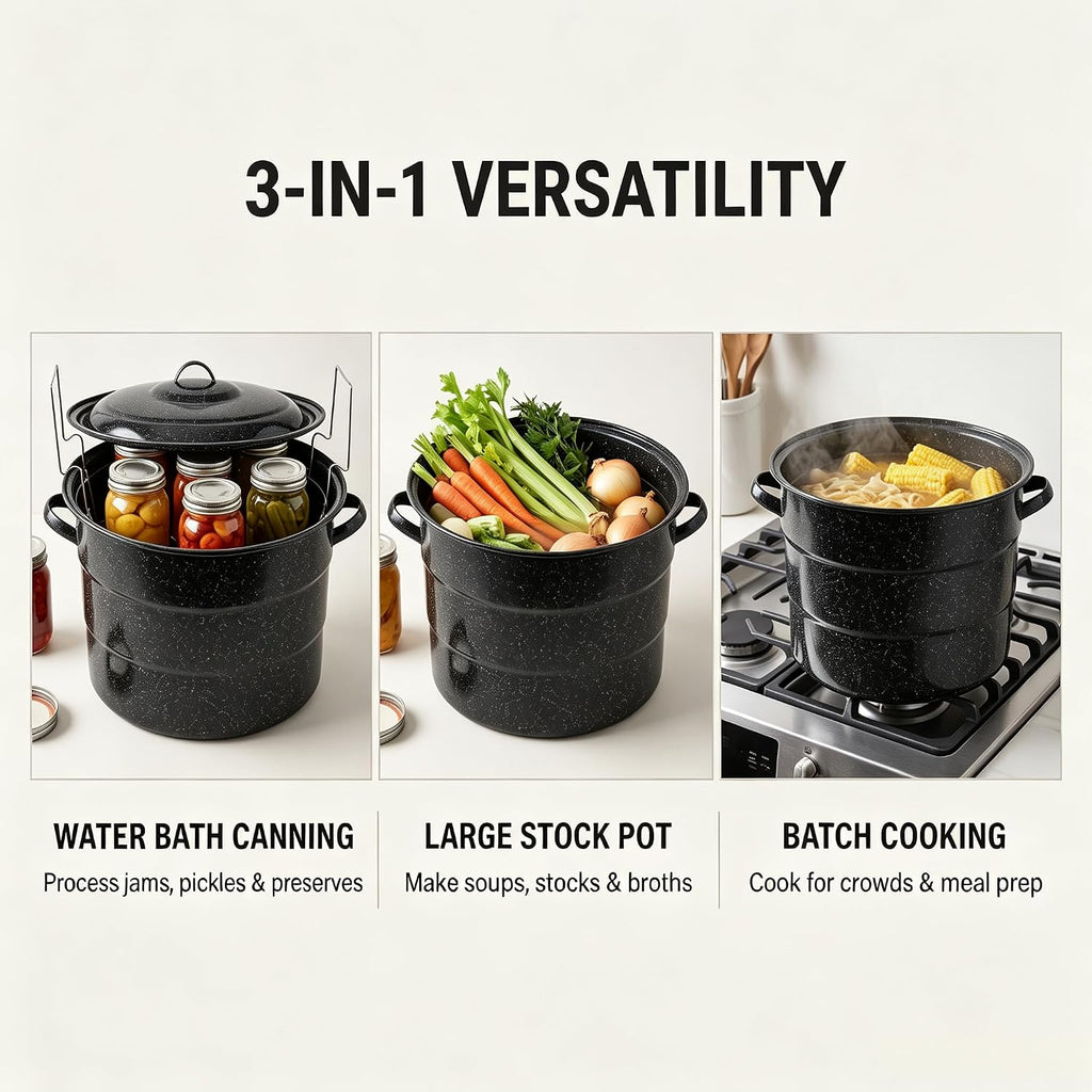 Water Bath Canner with Can Rack 21.5 Quart, Porcelain Steel Core Canning Pot for 7 Quart Jars, Black Enamel Canner