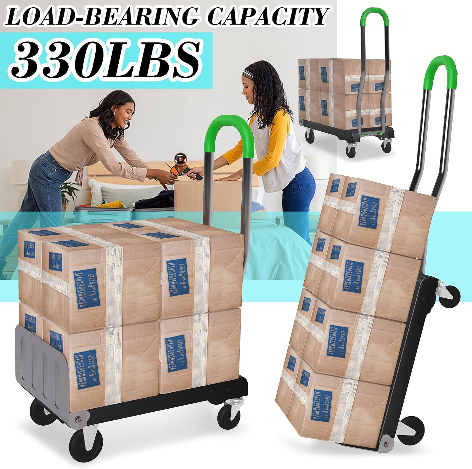 2-in-1 Convertible Hand Truck Dolly, 330LBS Capacity, 4-Wheel & 2-Wheel Modes, One-Button Switch, Foldable