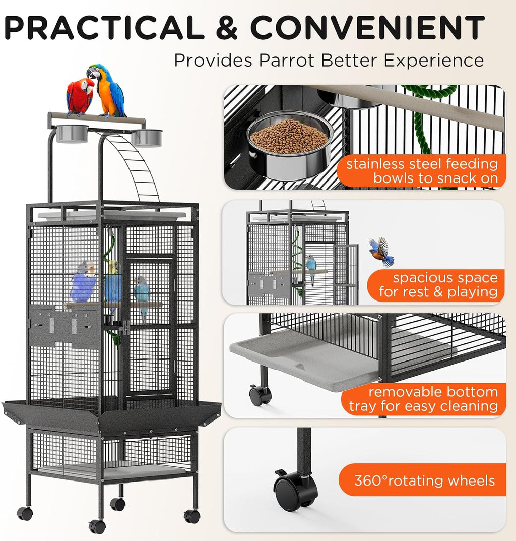 60 Inch Wrought Iron Large Bird Cage with Play Top, Stand | Rolling Metal Black Parrot Cage with 4 Stainless Steel