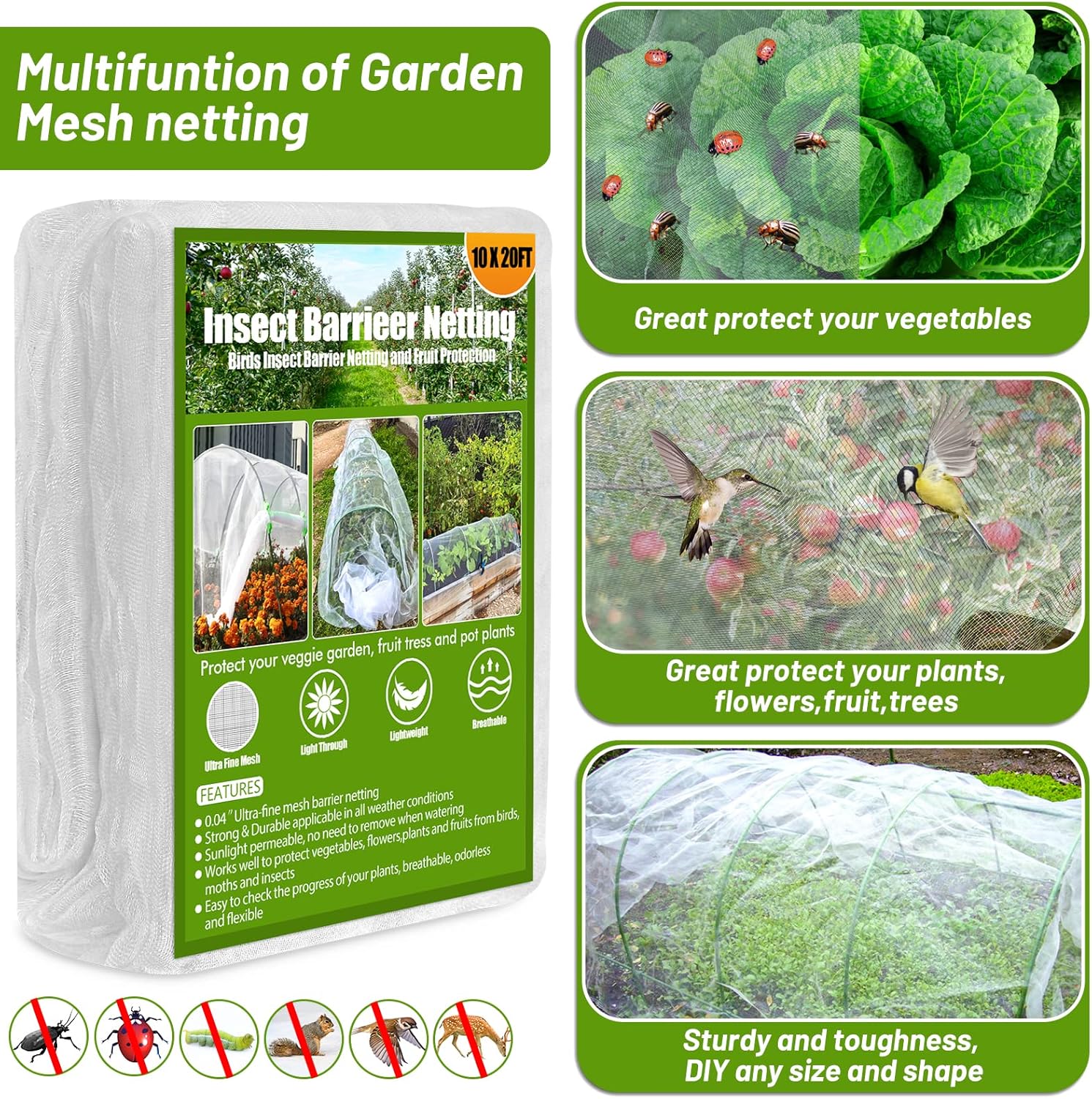 67pcs Garden Mesh Netting Kit,6 Sets Wide Garden Hoops with 10x20 ft Garden Covers Bird Netting& 12 Clips, Garden
