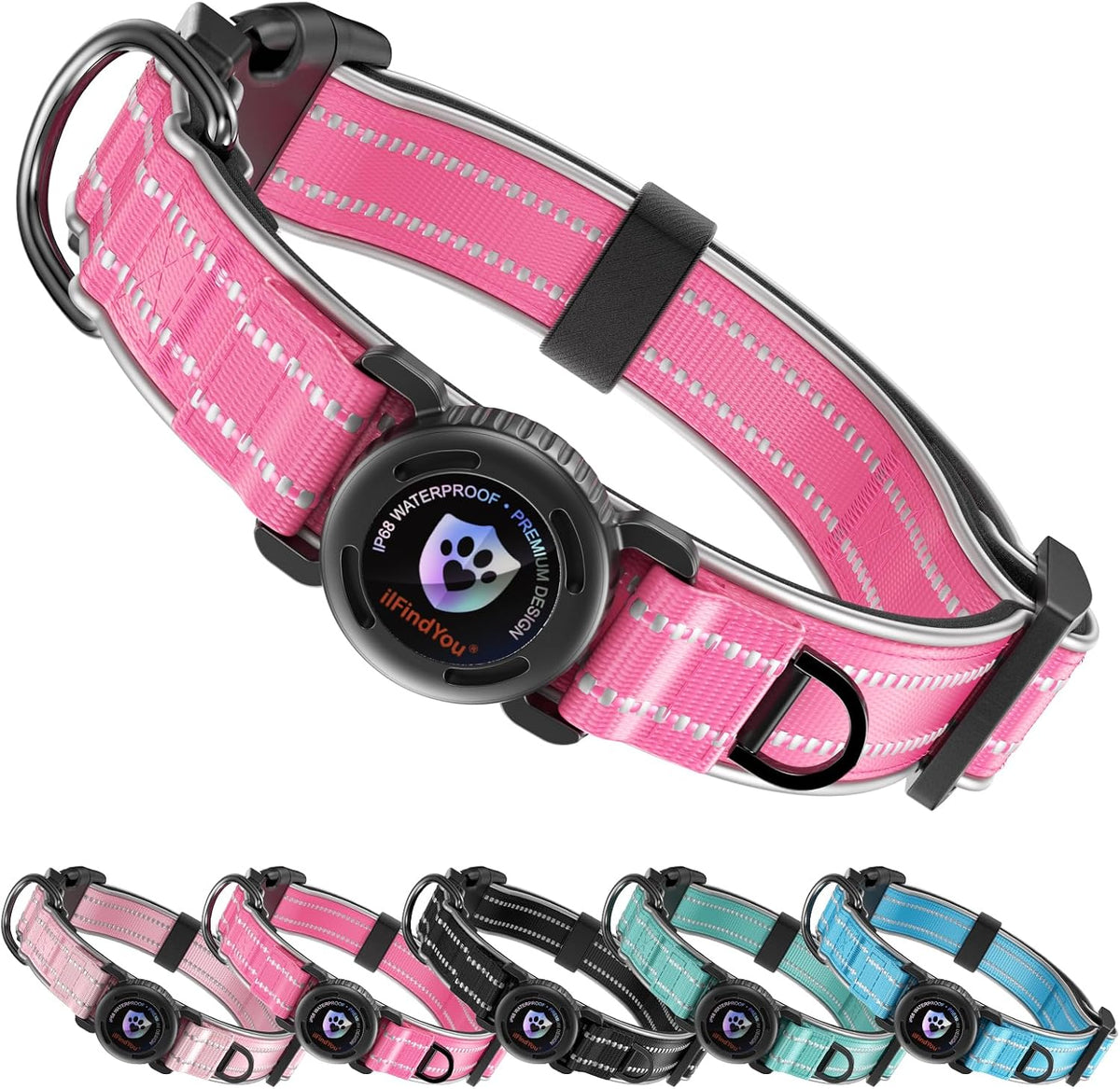 Dog Collar with AirTag Holder IP68 Waterproof Reflective Dog Collar, Rose L
