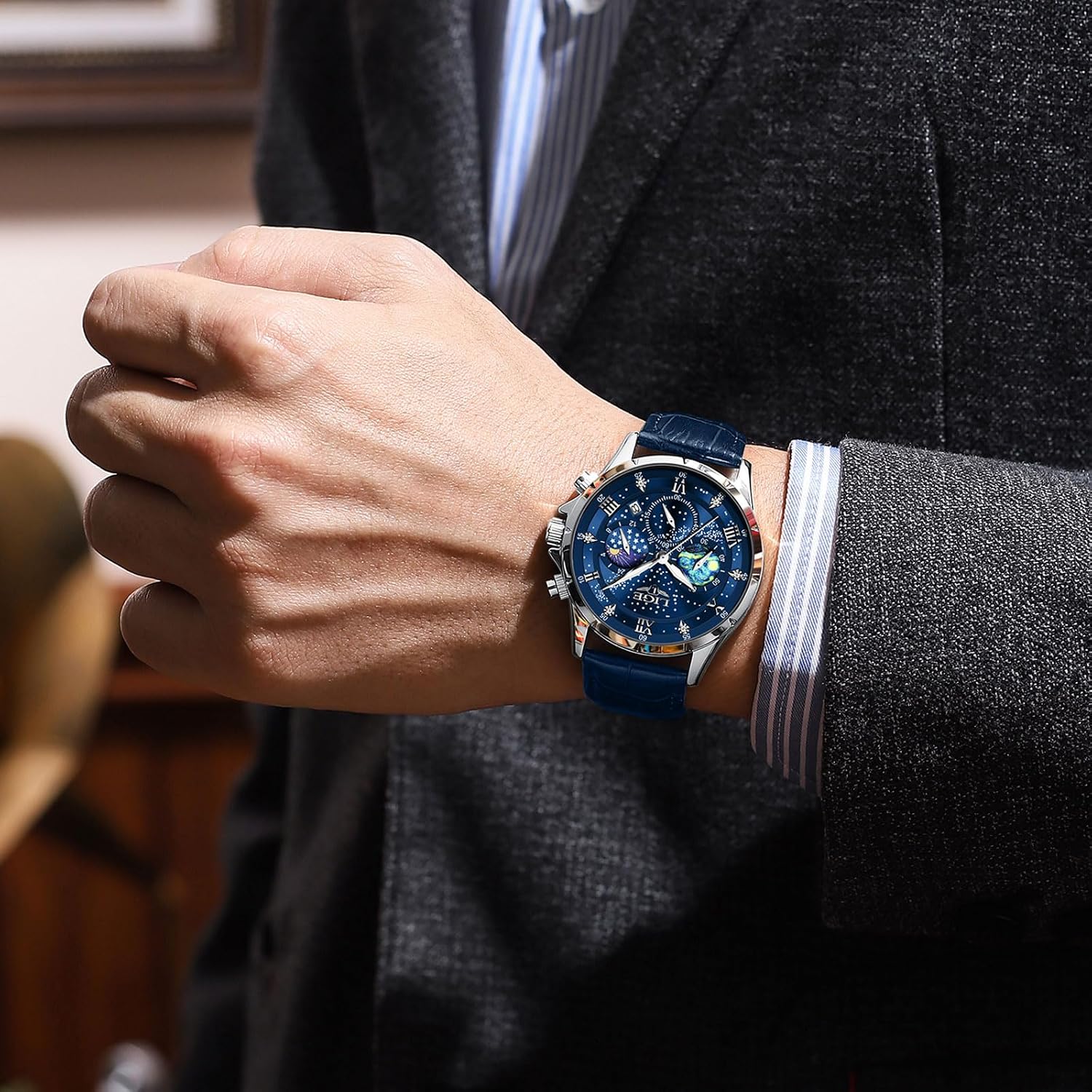 Waterproof Watches for Men Analog Dress Water Proof Chronograph Work Casual Leather Water-Resistant Lunar Phase